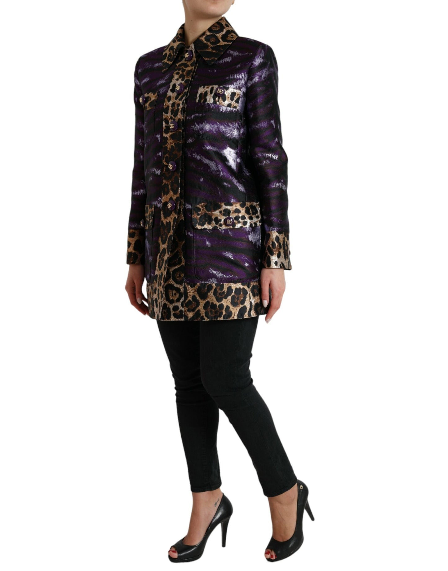 Dolce & Gabbana Purple Lam�� Jacquard Tiger Print Coat Women's Jacket