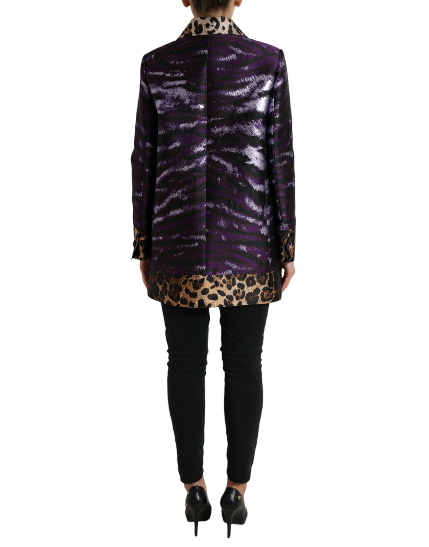Dolce & Gabbana Purple Lam�� Jacquard Tiger Print Coat Women's Jacket