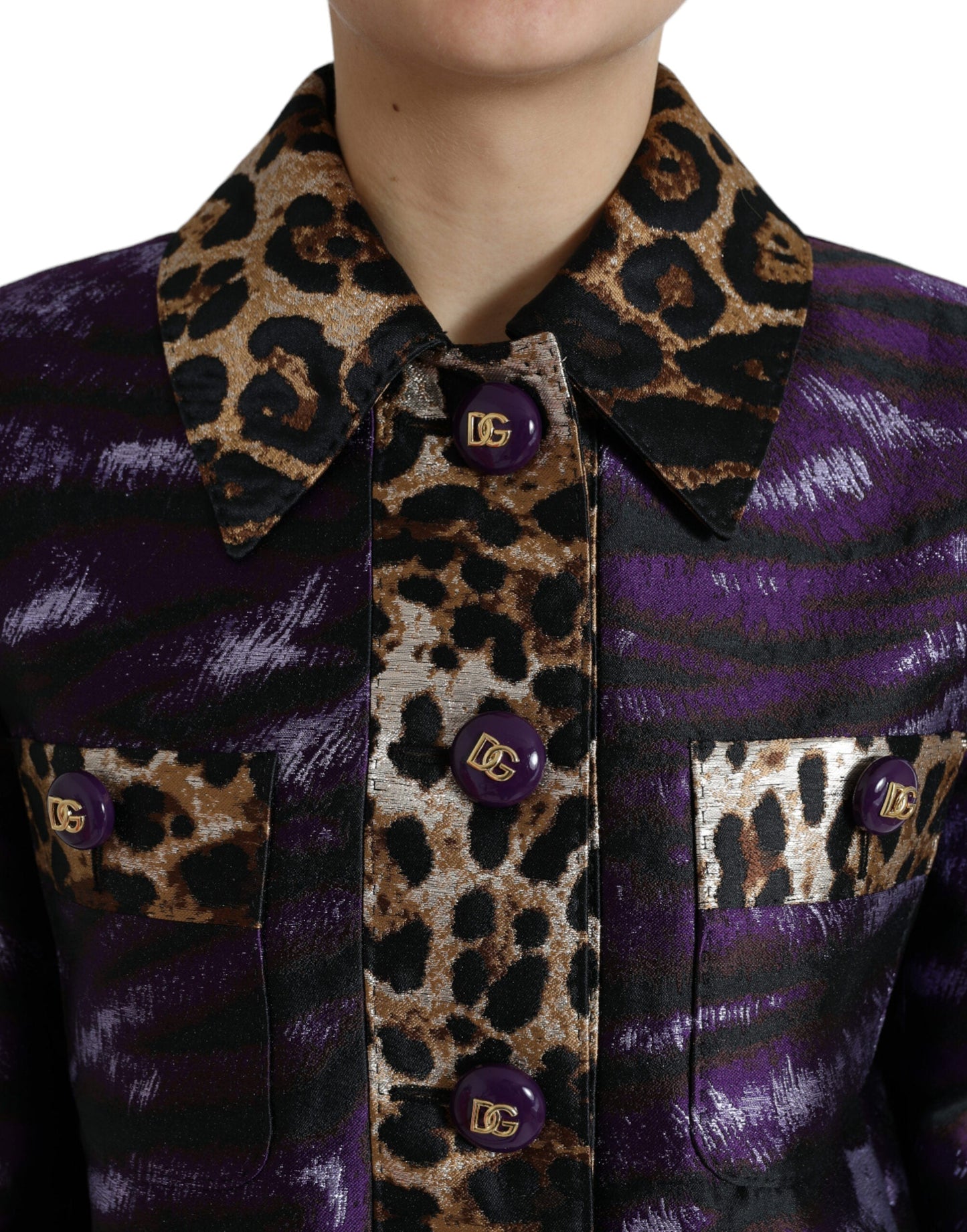 Dolce & Gabbana Purple Lam�� Jacquard Tiger Print Coat Women's Jacket