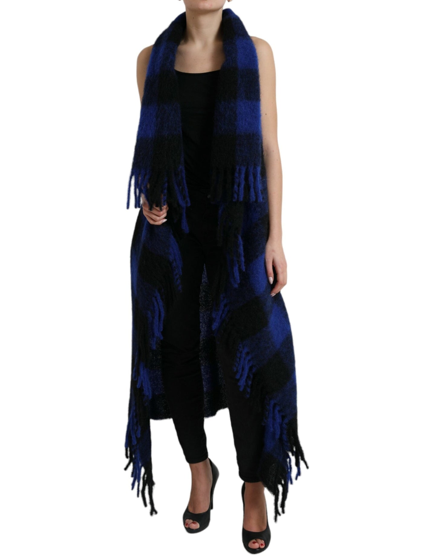 Dolce & Gabbana Black Blue Buffalo Check Poncho Coat Women's Sweater