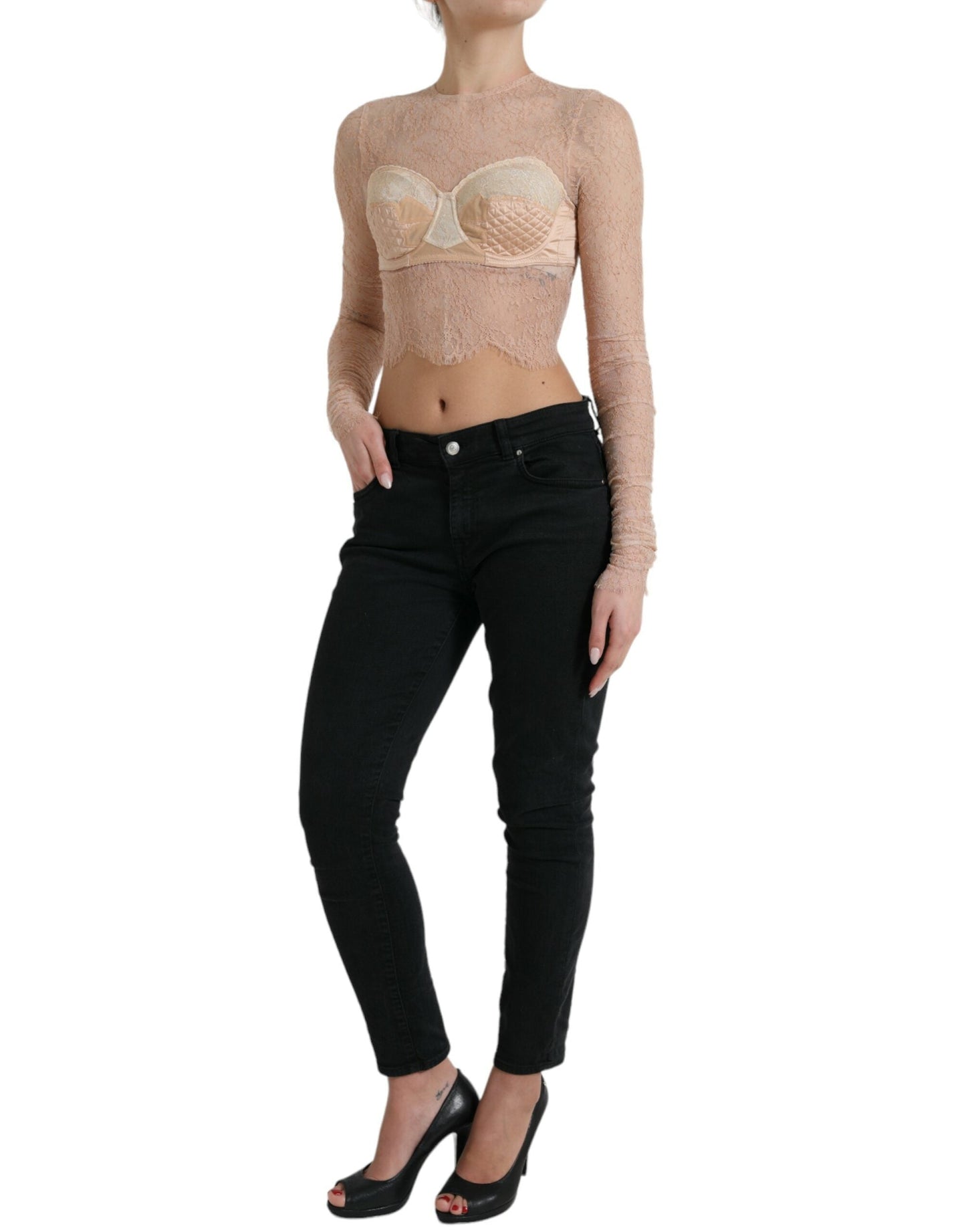 Dolce & Gabbana Beige Nylon Floral Lace Bustier Cropped Women's Top