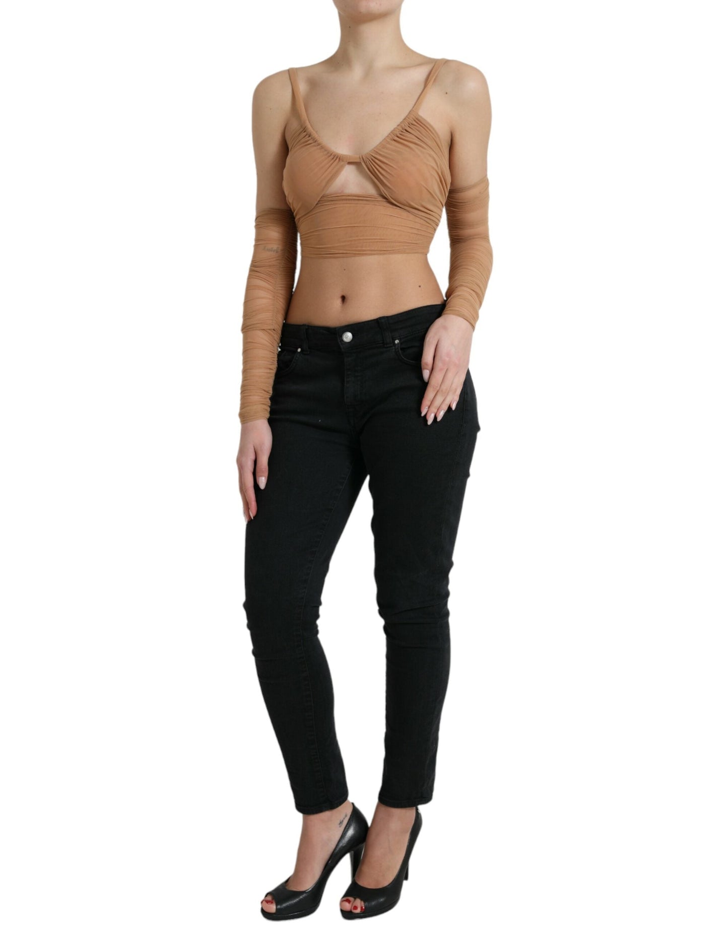Dolce & Gabbana Brown Nylon Stretch Open Shoulder Cropped Women's Top
