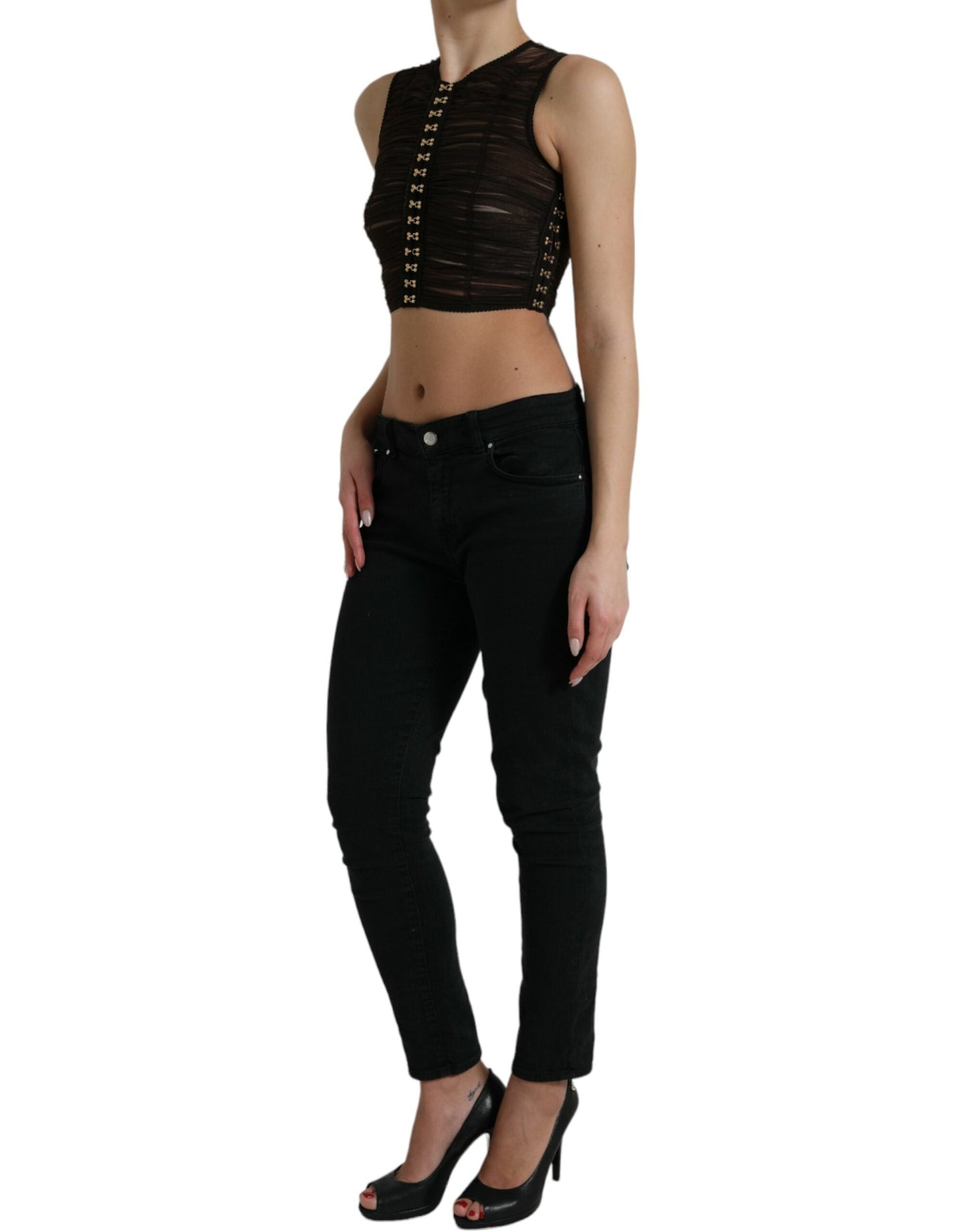 Dolce & Gabbana Brown Embellished Nylon Stretch Cropped Women's Top