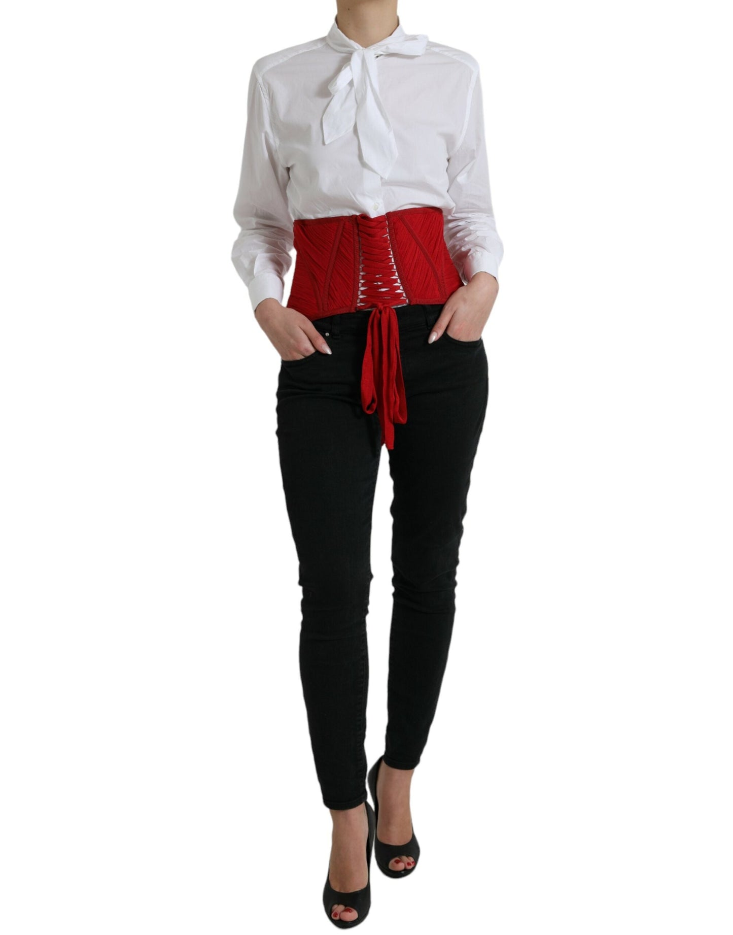Dolce & Gabbana Red Silk Belt Waist Lace Up Strap Women's Corset