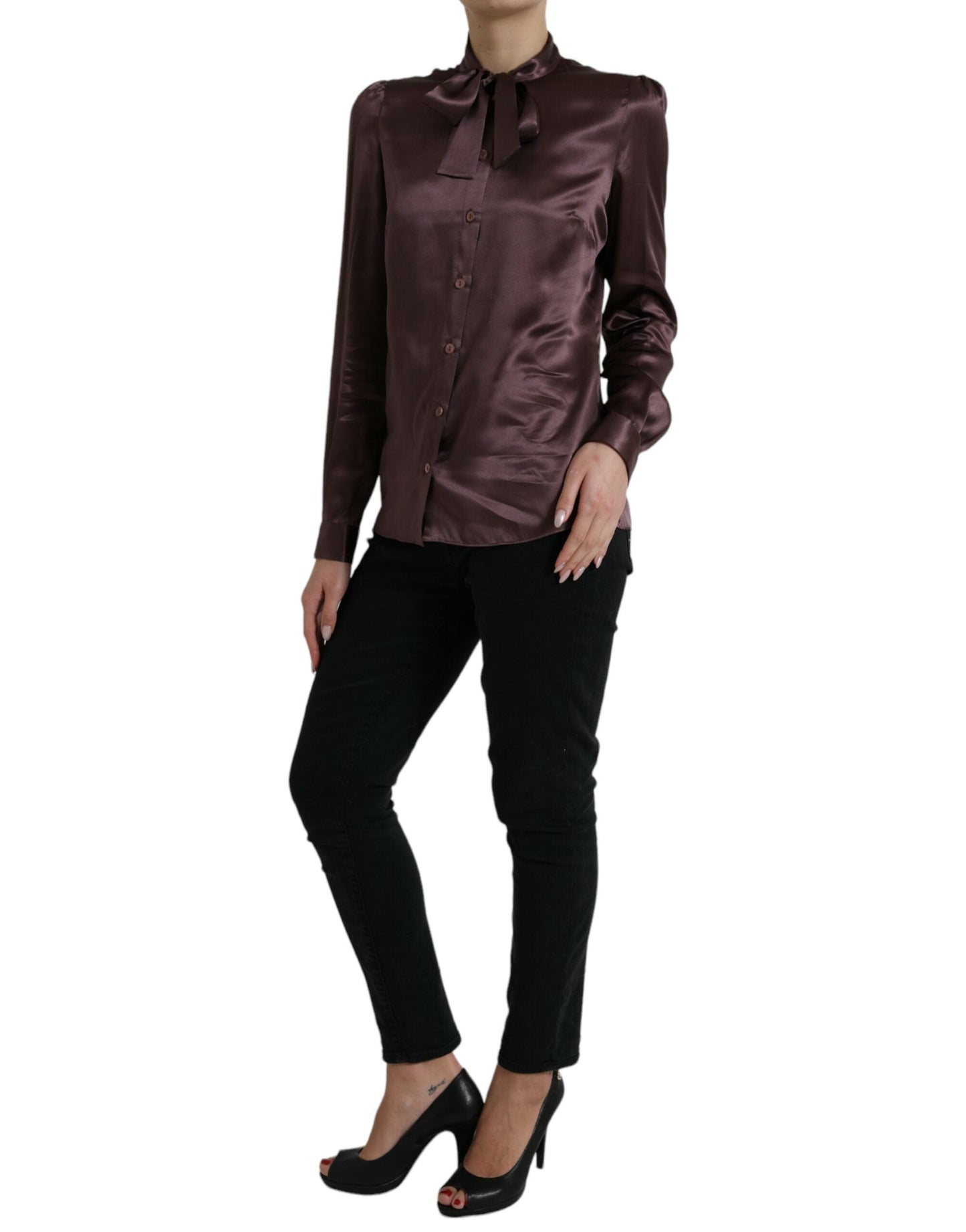 Dolce & Gabbana Brown Silk Ascot Collar Long Sleeve Blouse Women's Top