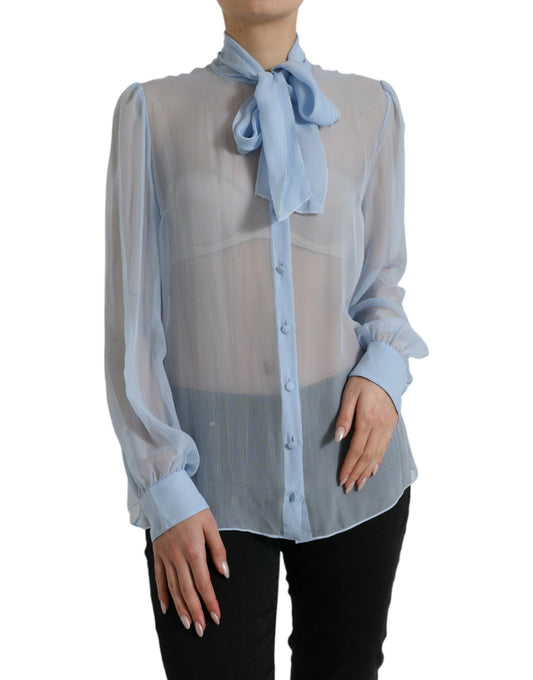 Dolce & Gabbana Blue Long Sleeves Ascot Collar Blouse Women's Top