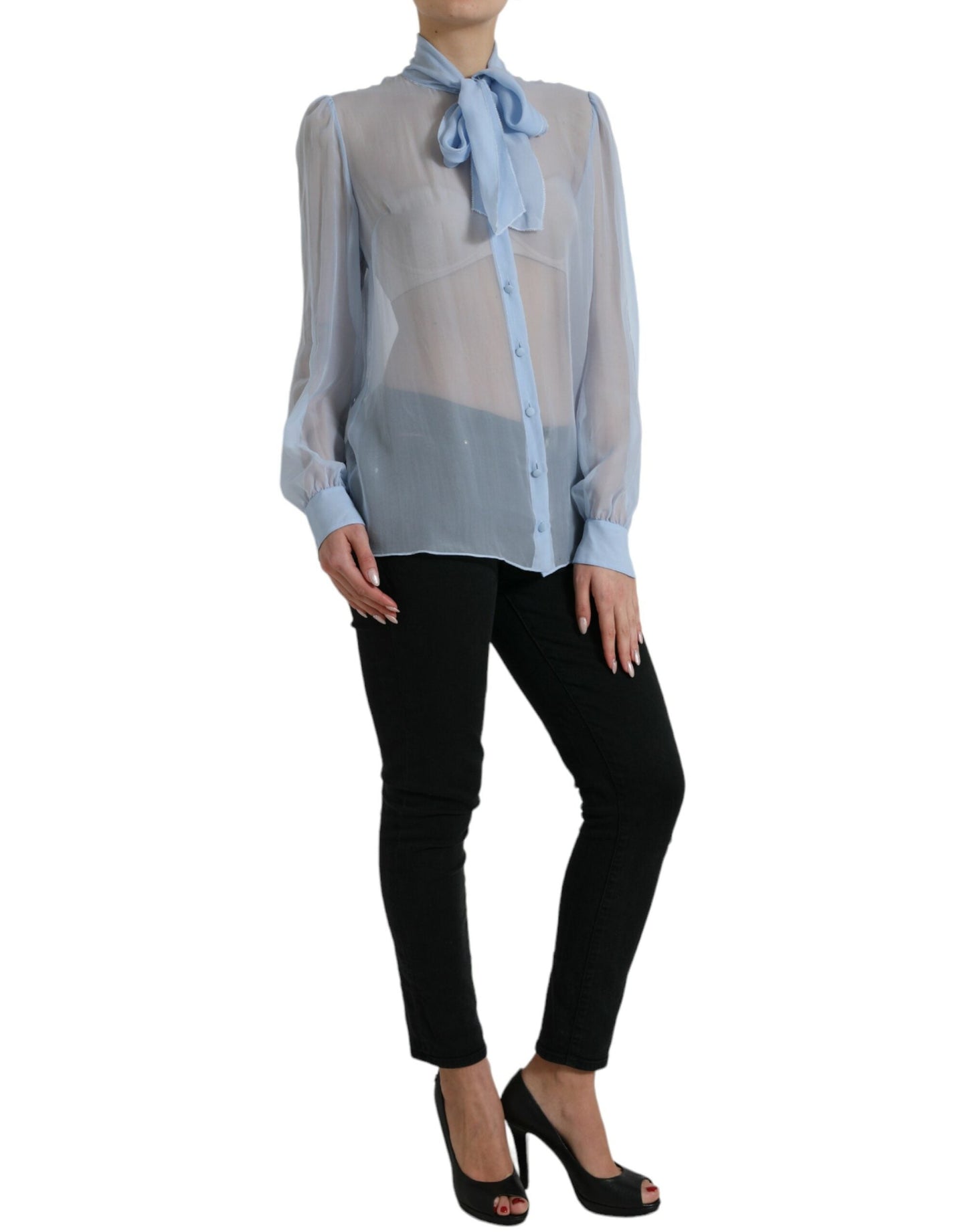 Dolce & Gabbana Blue Long Sleeves Ascot Collar Blouse Women's Top
