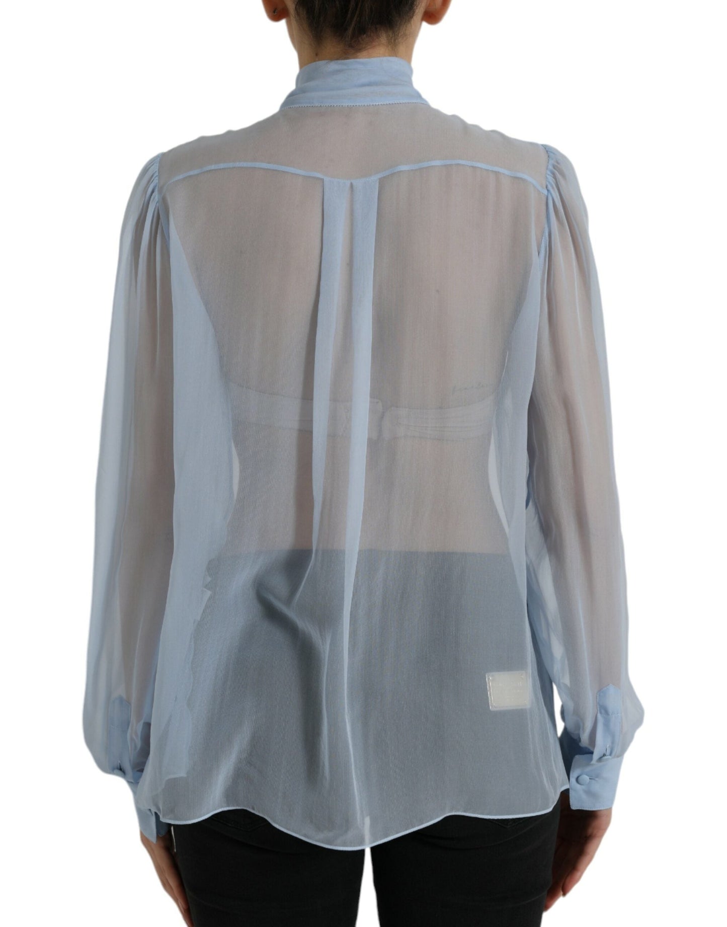 Dolce & Gabbana Blue Long Sleeves Ascot Collar Blouse Women's Top
