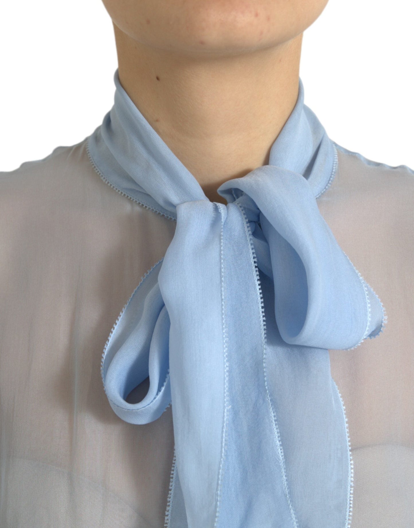 Dolce & Gabbana Blue Long Sleeves Ascot Collar Blouse Women's Top