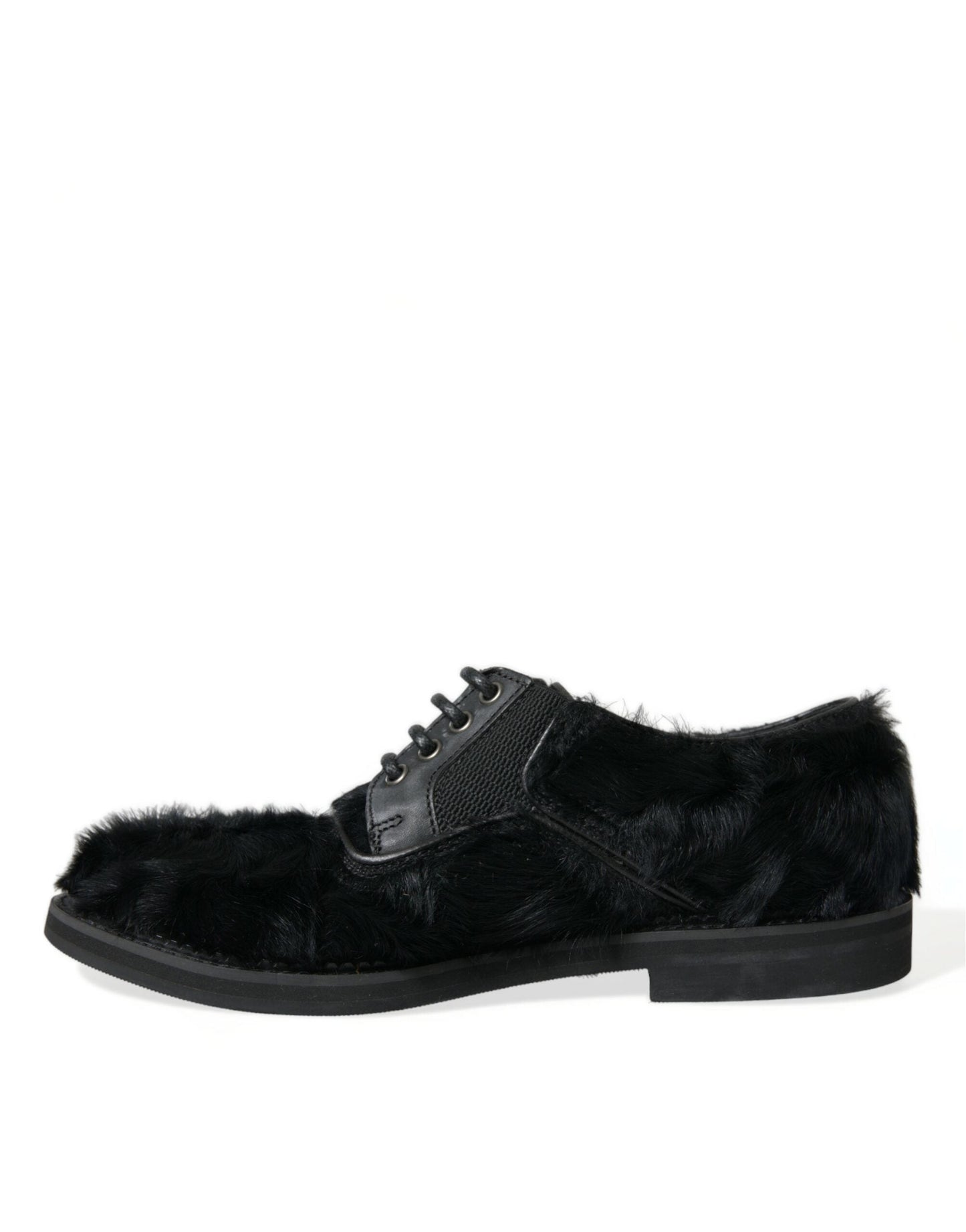 Dolce & Gabbana Black Fur Leather Lace Up Derby Dress Men's Shoes