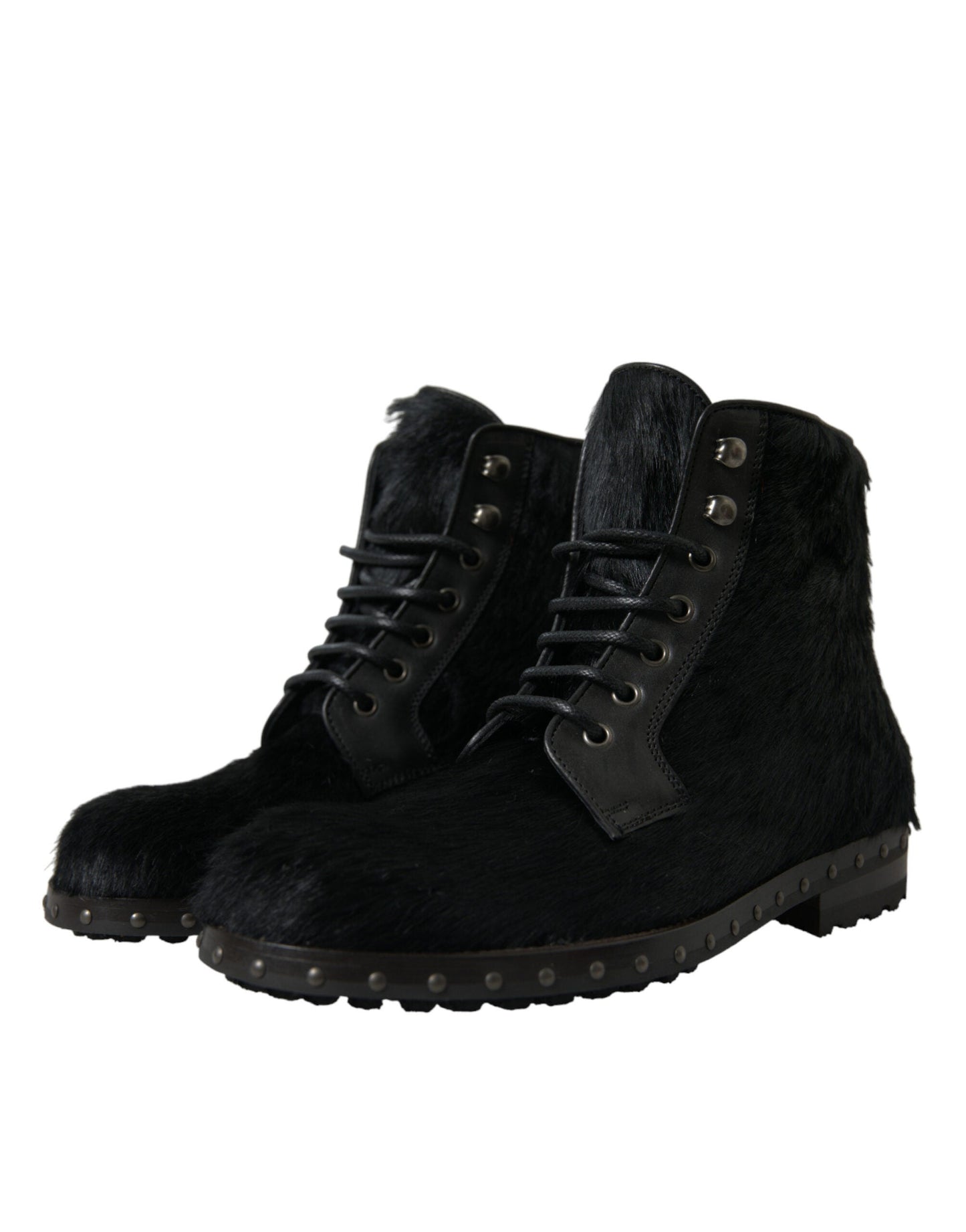 Dolce & Gabbana Black Pony Style Leather Mid Calf Boots Men's Shoes