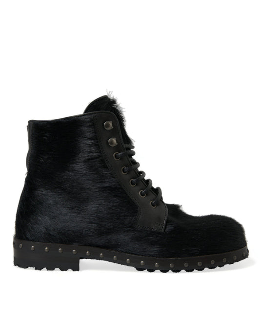 Dolce & Gabbana Black Pony Style Leather Mid Calf Boots Men's Shoes