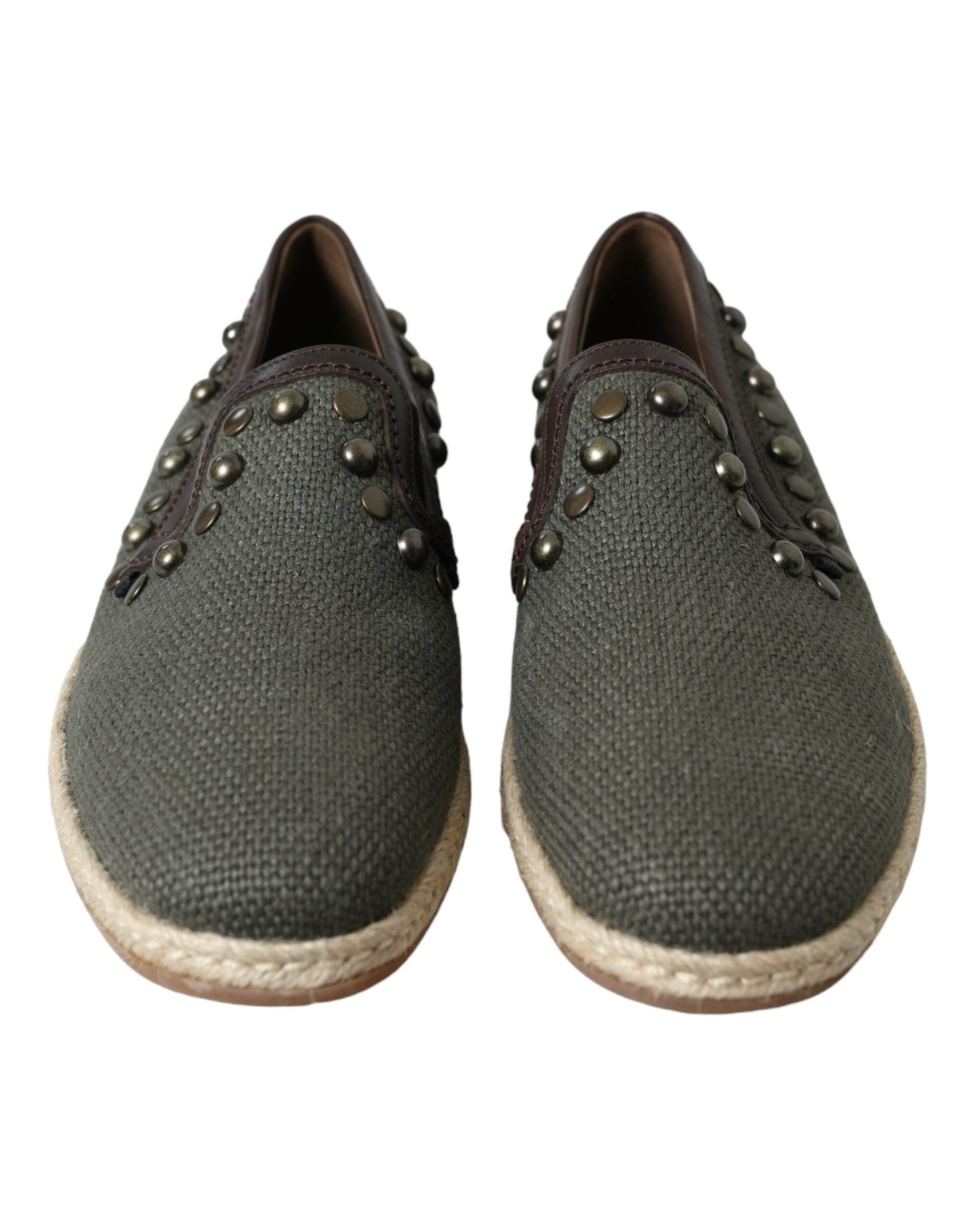 Dolce & Gabbana Gray Linen Leather Studded Loafers Men's Shoes