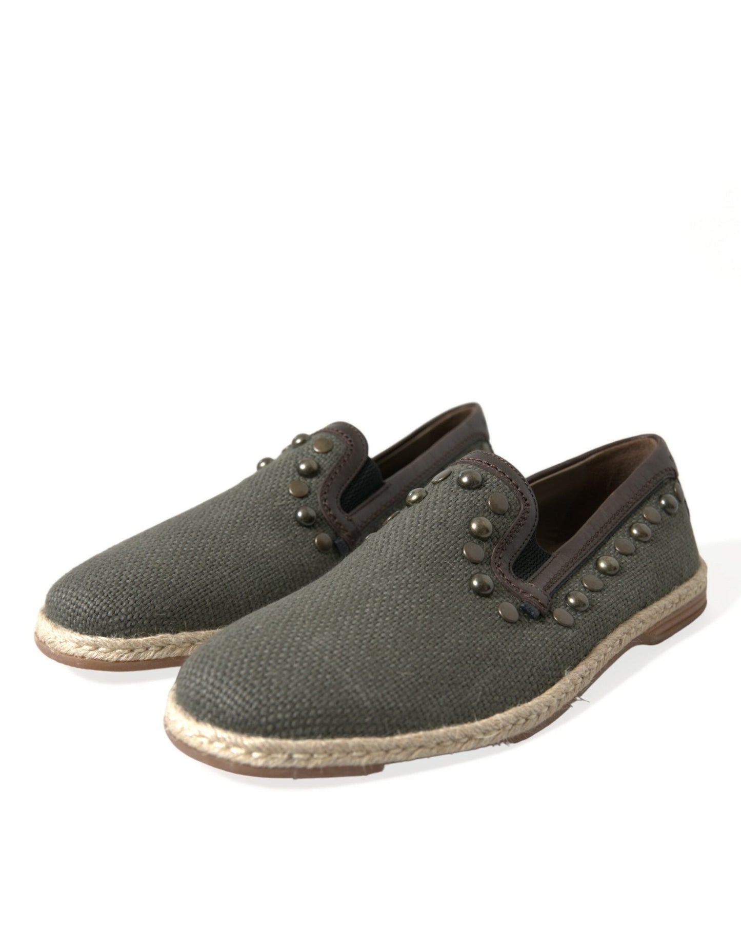 Dolce & Gabbana Gray Linen Leather Studded Loafers Men's Shoes