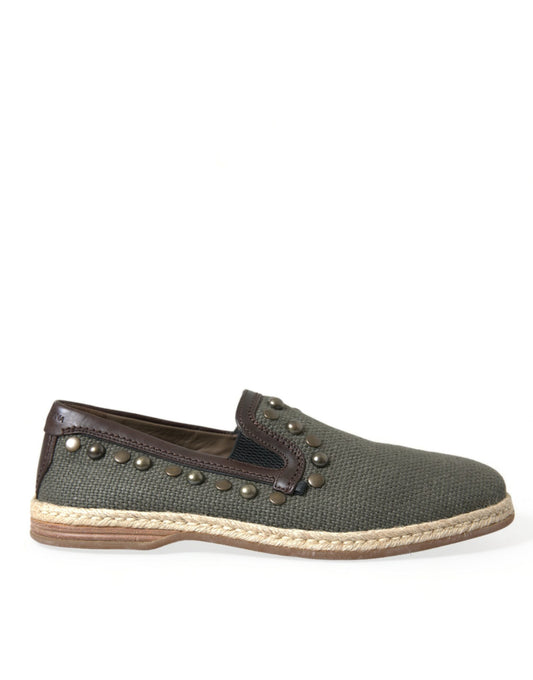 Dolce & Gabbana Gray Linen Leather Studded Loafers Men's Shoes