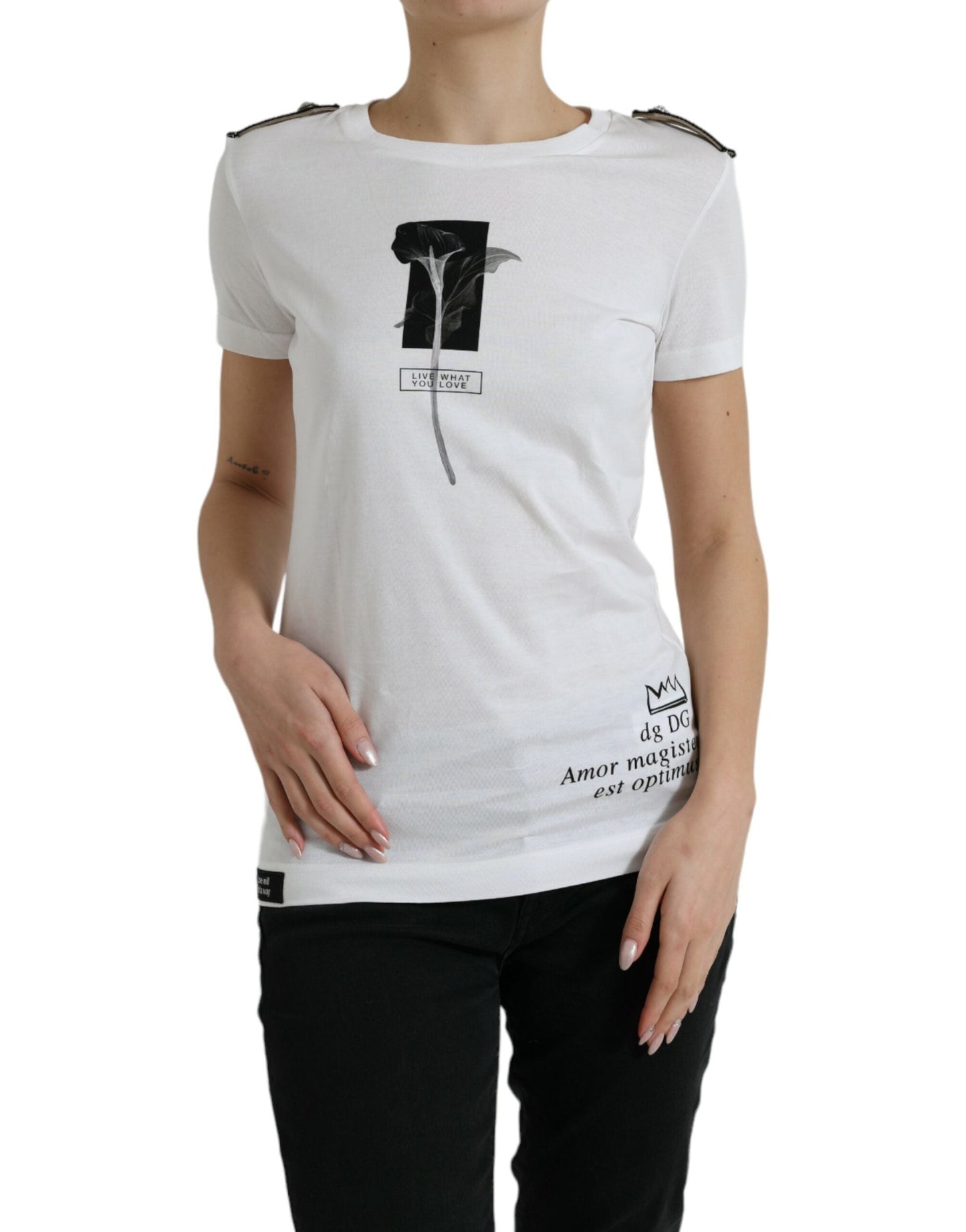 Dolce & Gabbana White Black Roses Crewneck Cotton Women's T-shirt