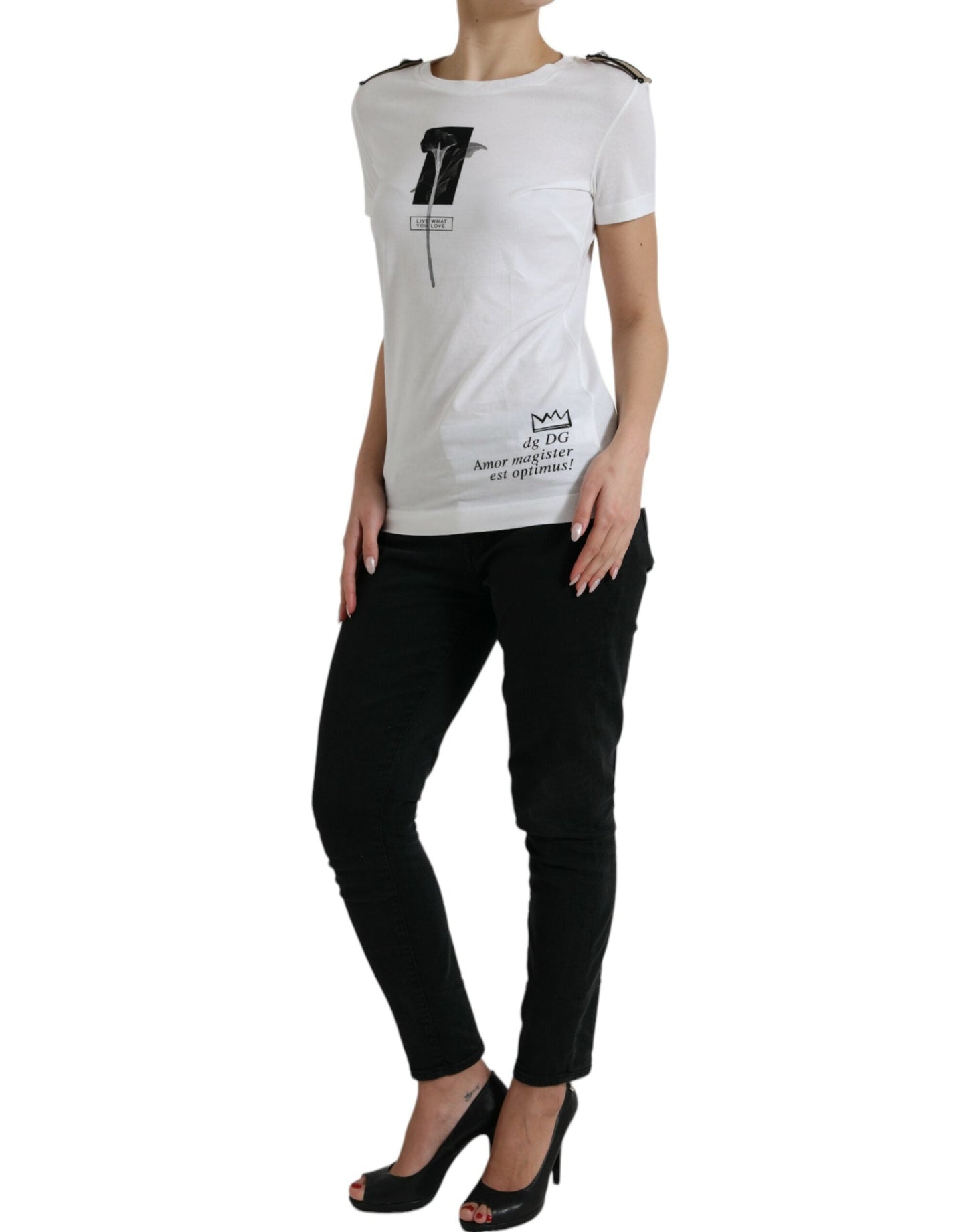 Dolce & Gabbana White Black Roses Crewneck Cotton Women's T-shirt