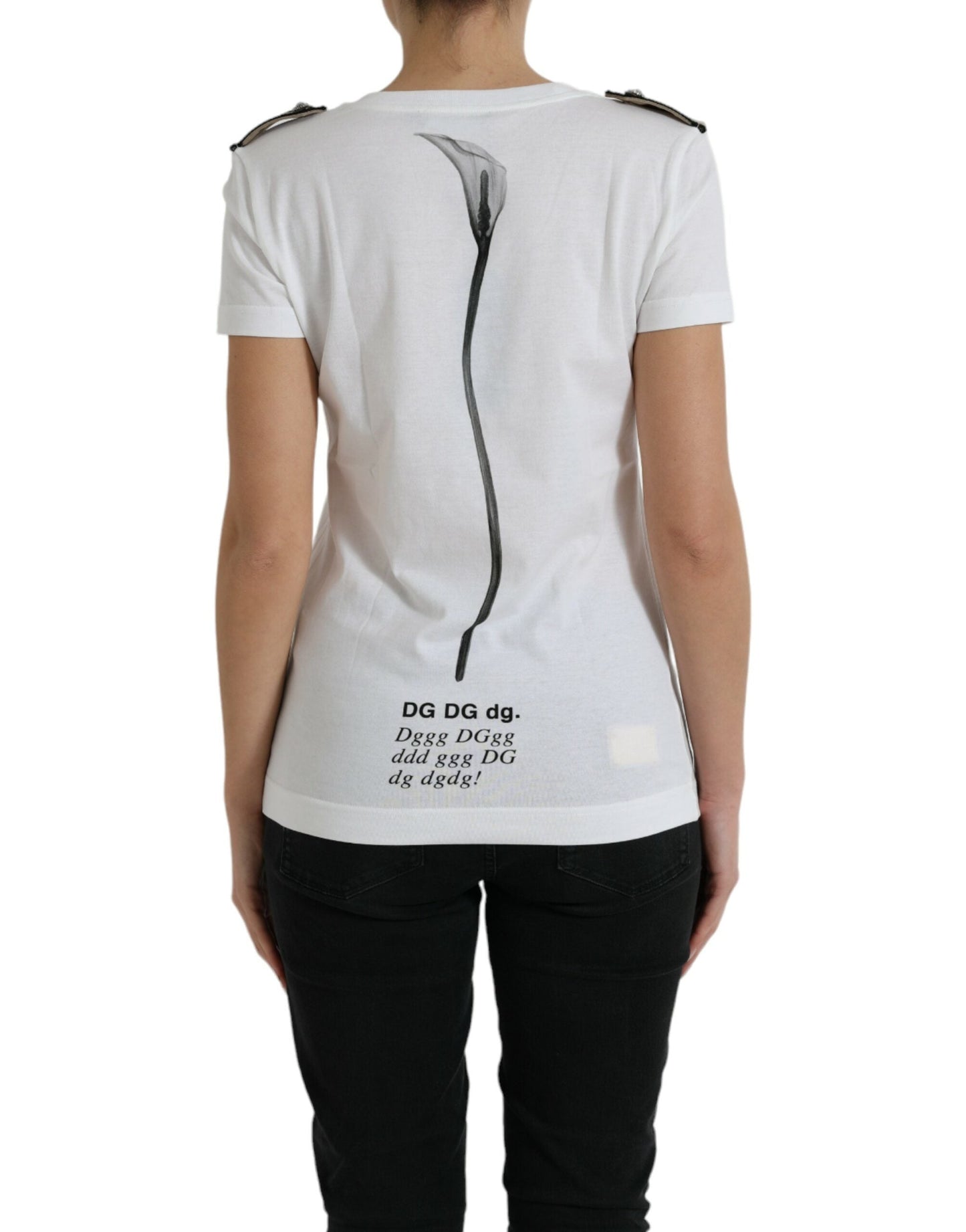 Dolce & Gabbana White Black Roses Crewneck Cotton Women's T-shirt