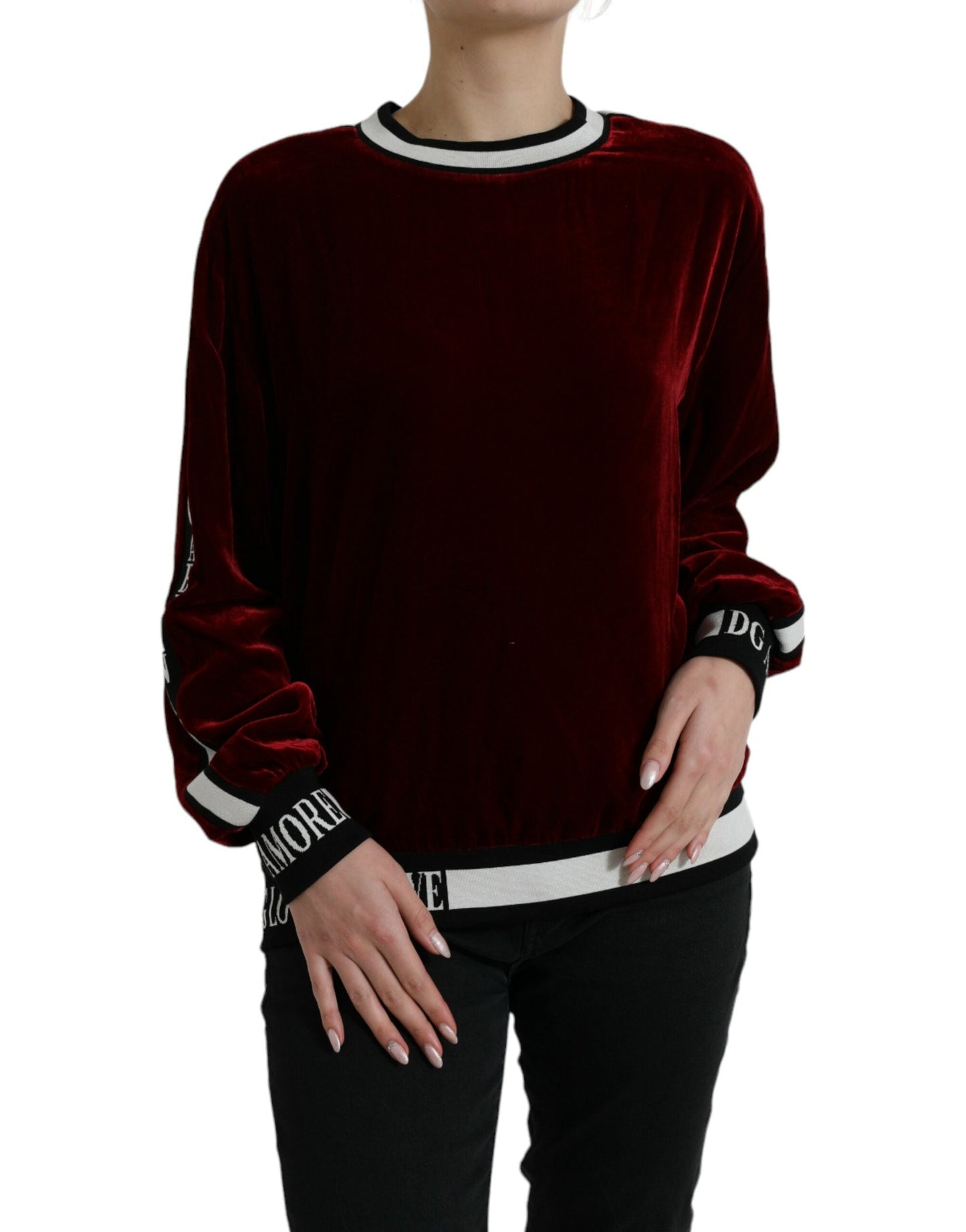 Dolce & Gabbana Bordeaux Velvet Round Neck Pullover Women's Sweater
