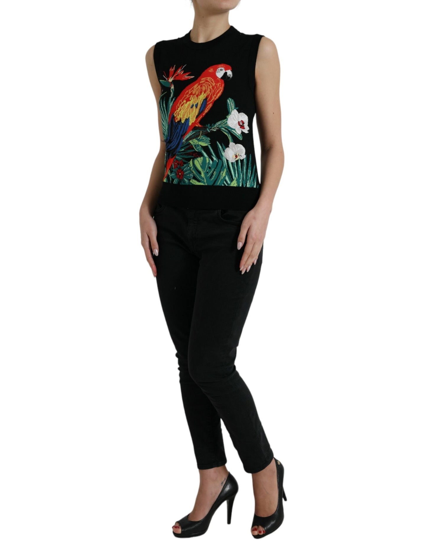 Dolce & Gabbana Black Jungle Crew Neck Sleeveless Tank Women's Top