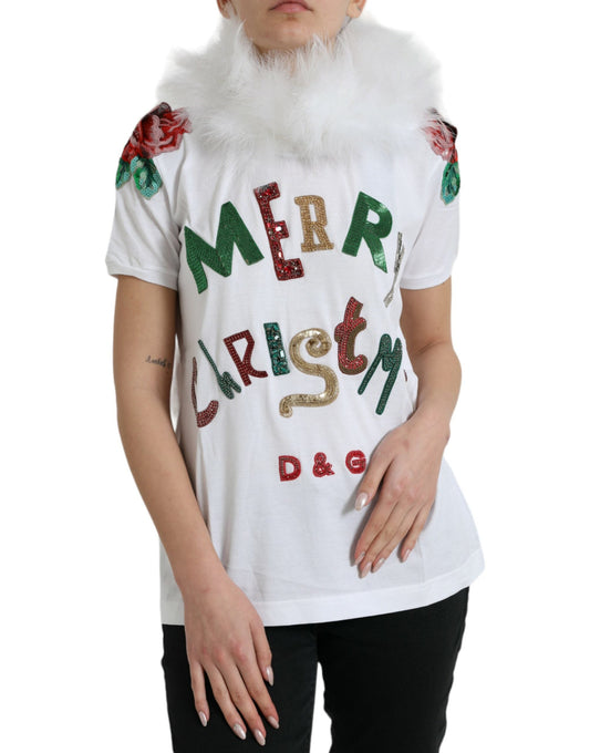 Dolce & Gabbana White Cotton Christmas Sequin Fur Women's T-shirt