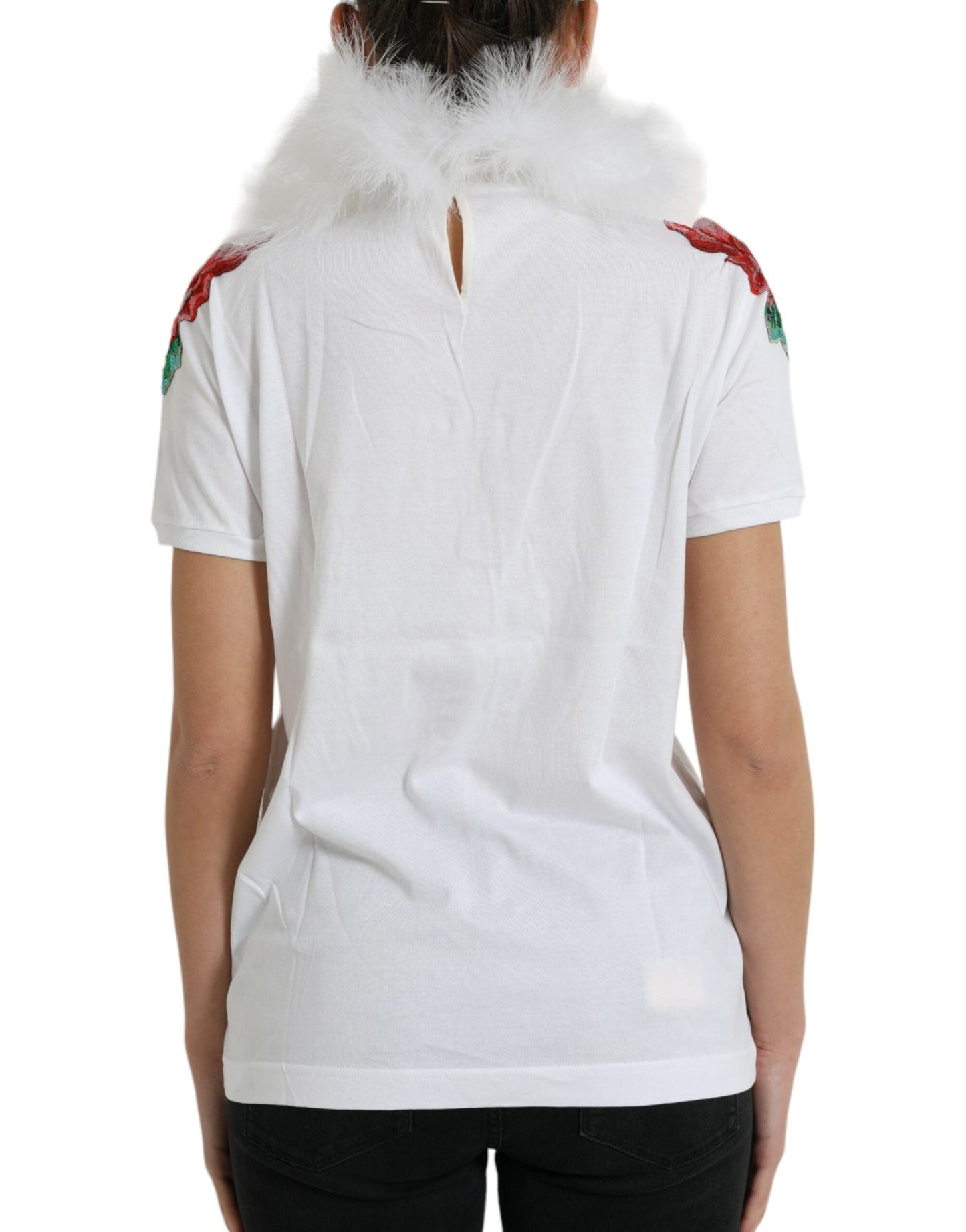 Dolce & Gabbana White Cotton Christmas Sequin Fur Women's T-shirt