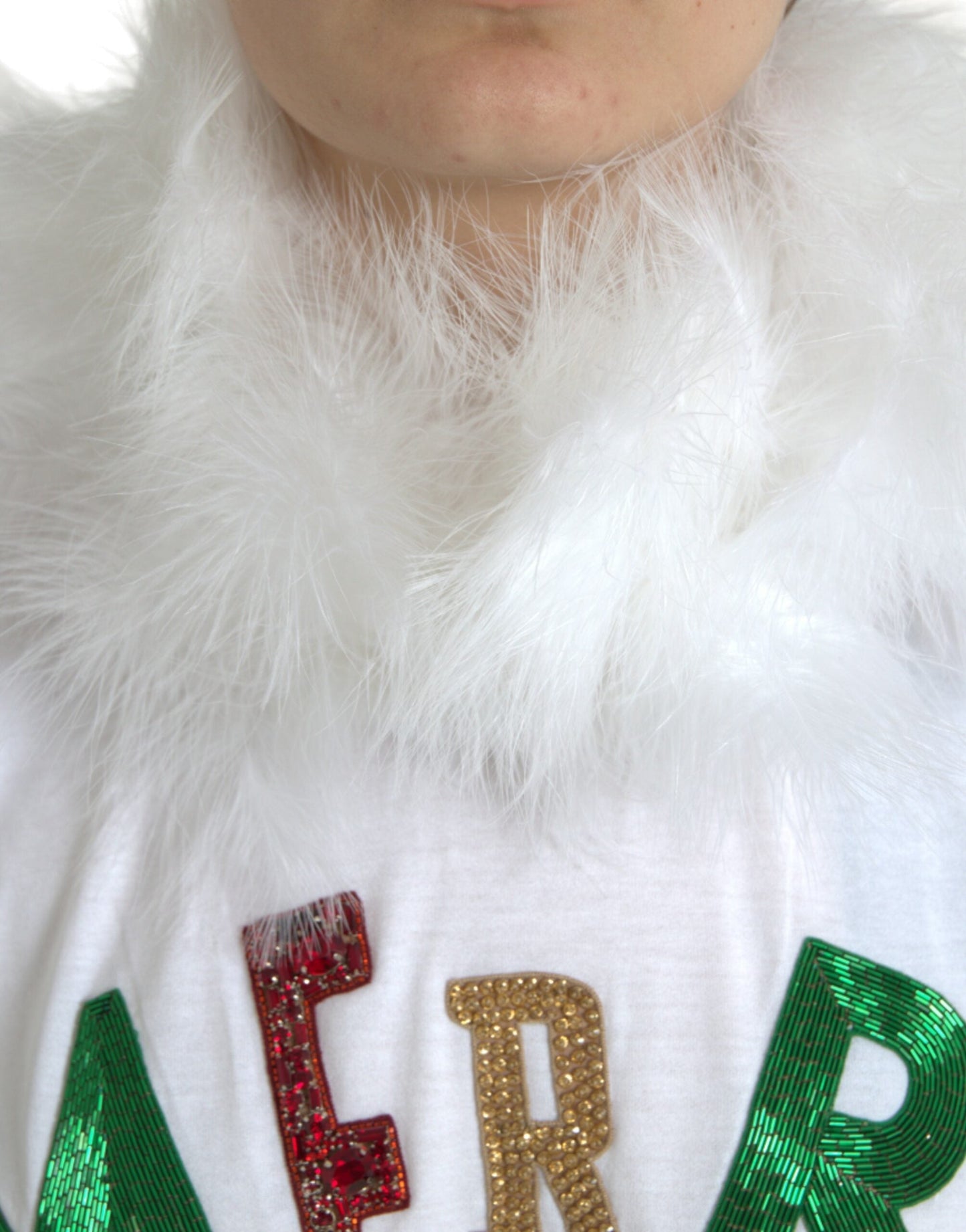 Dolce & Gabbana White Cotton Christmas Sequin Fur Women's T-shirt