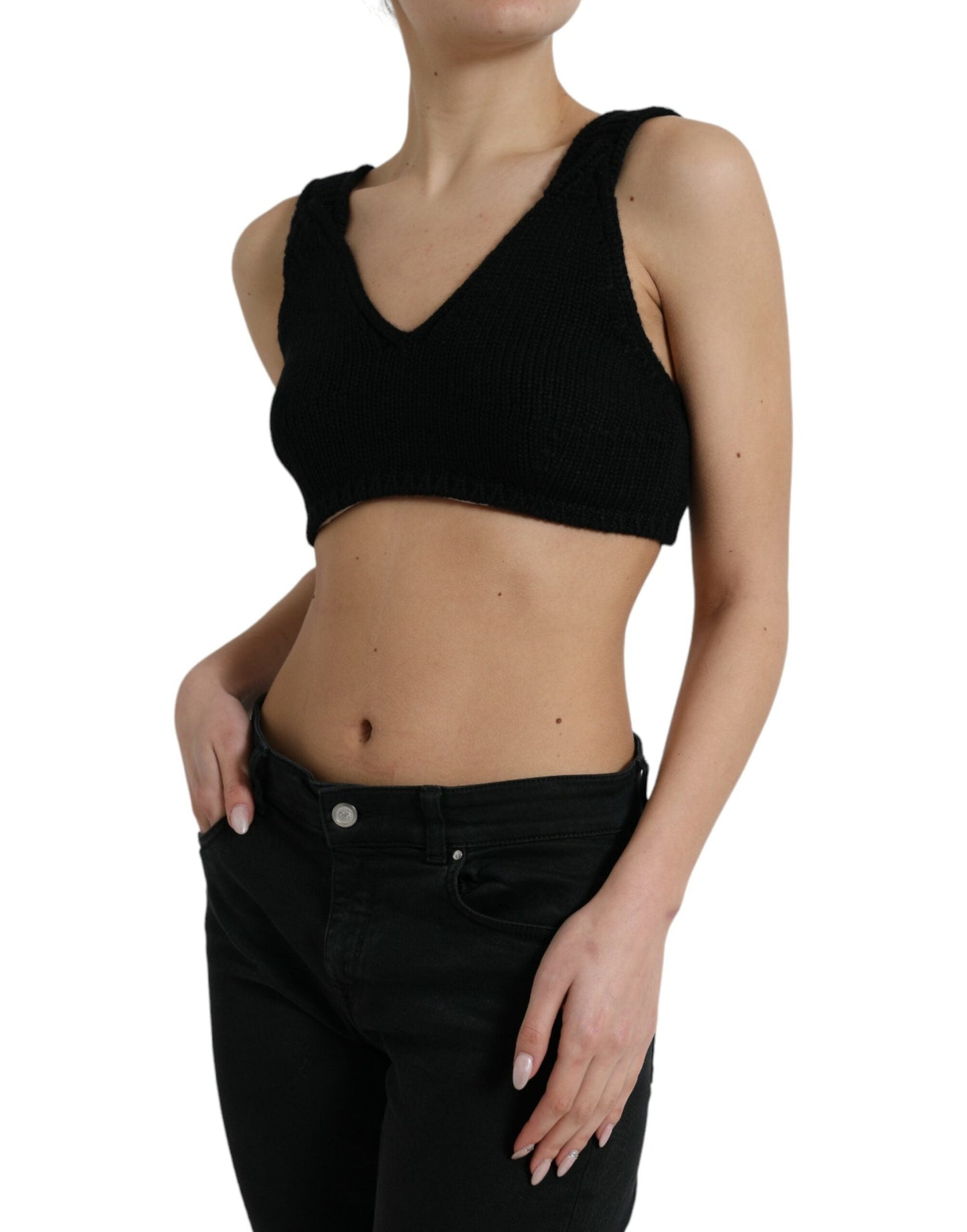 Dolce & Gabbana Black Cropped Cashmere V-neck Bustier Women's Top