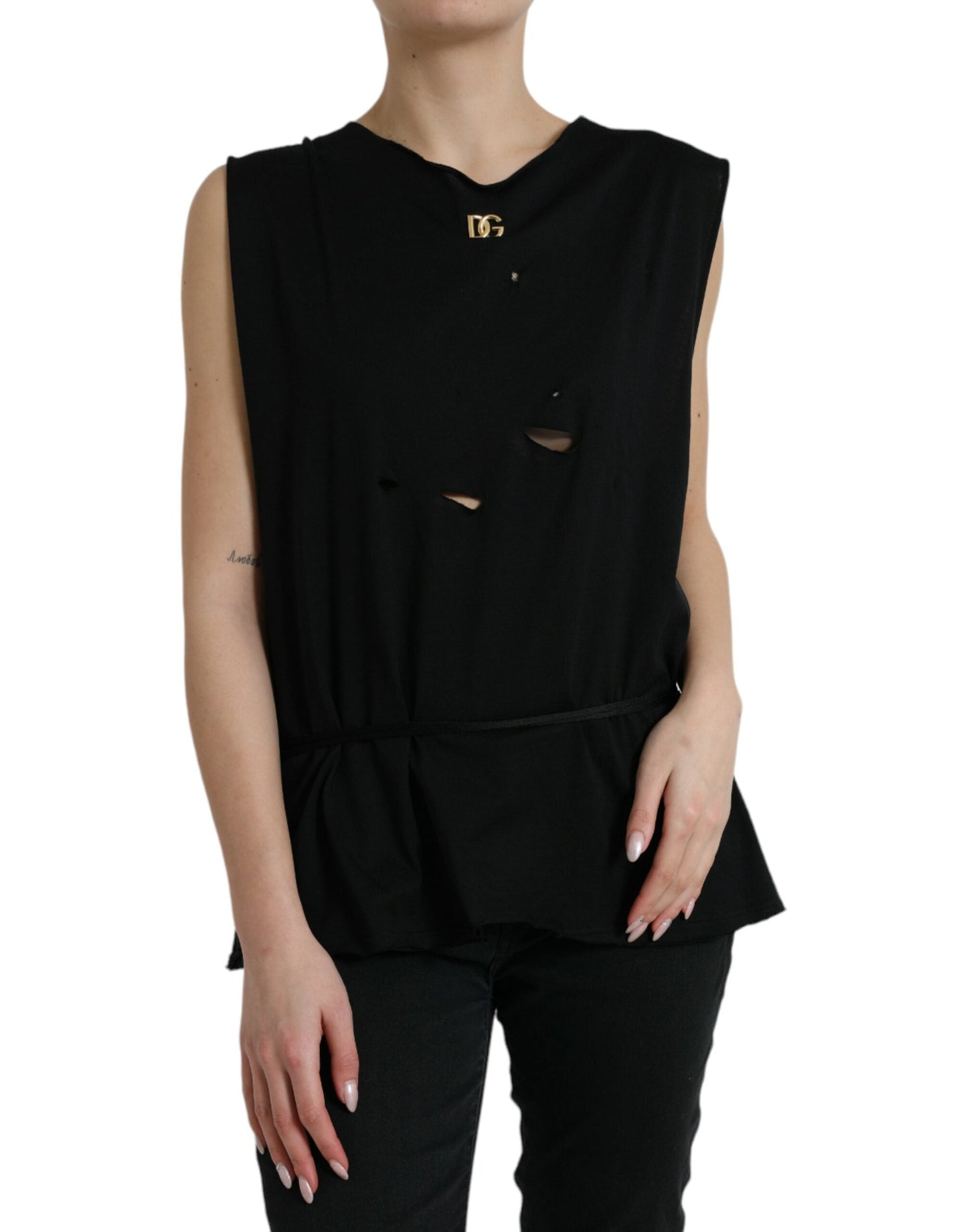 Dolce & Gabbana Black Cotton Lace Up Logo Round Neck Tank Women's Top