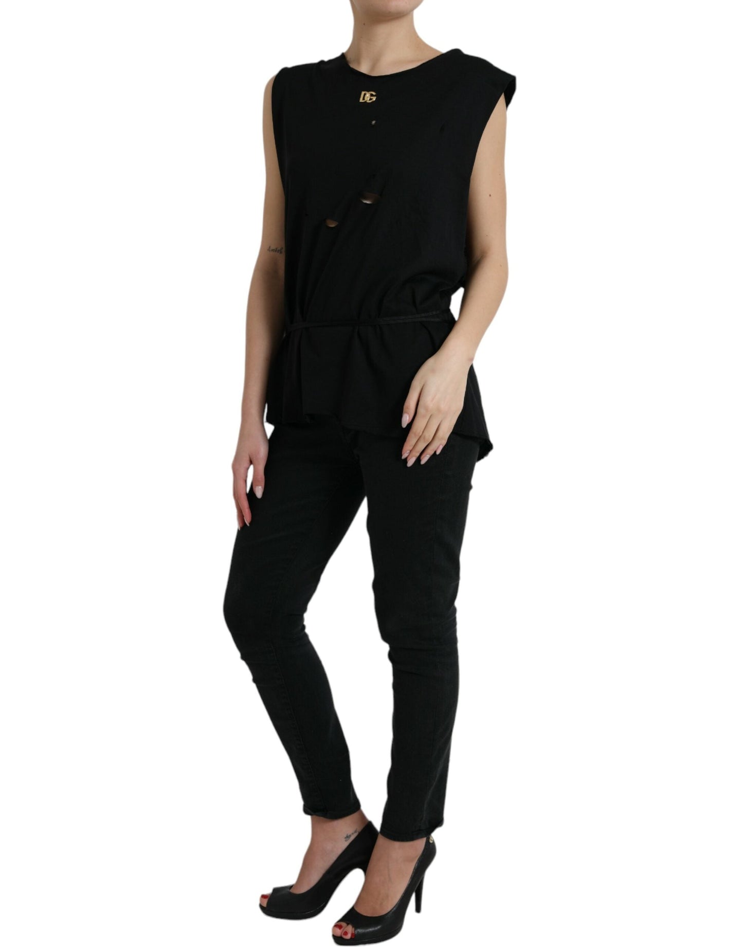 Dolce & Gabbana Black Cotton Lace Up Logo Round Neck Tank Women's Top