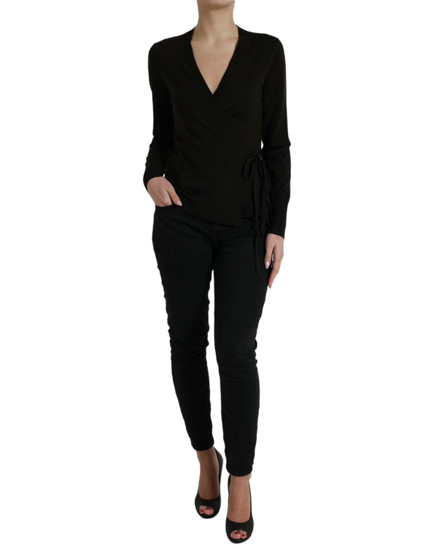 Dolce & Gabbana Black Wool V-neck Crossed Cardigan Women's Sweater