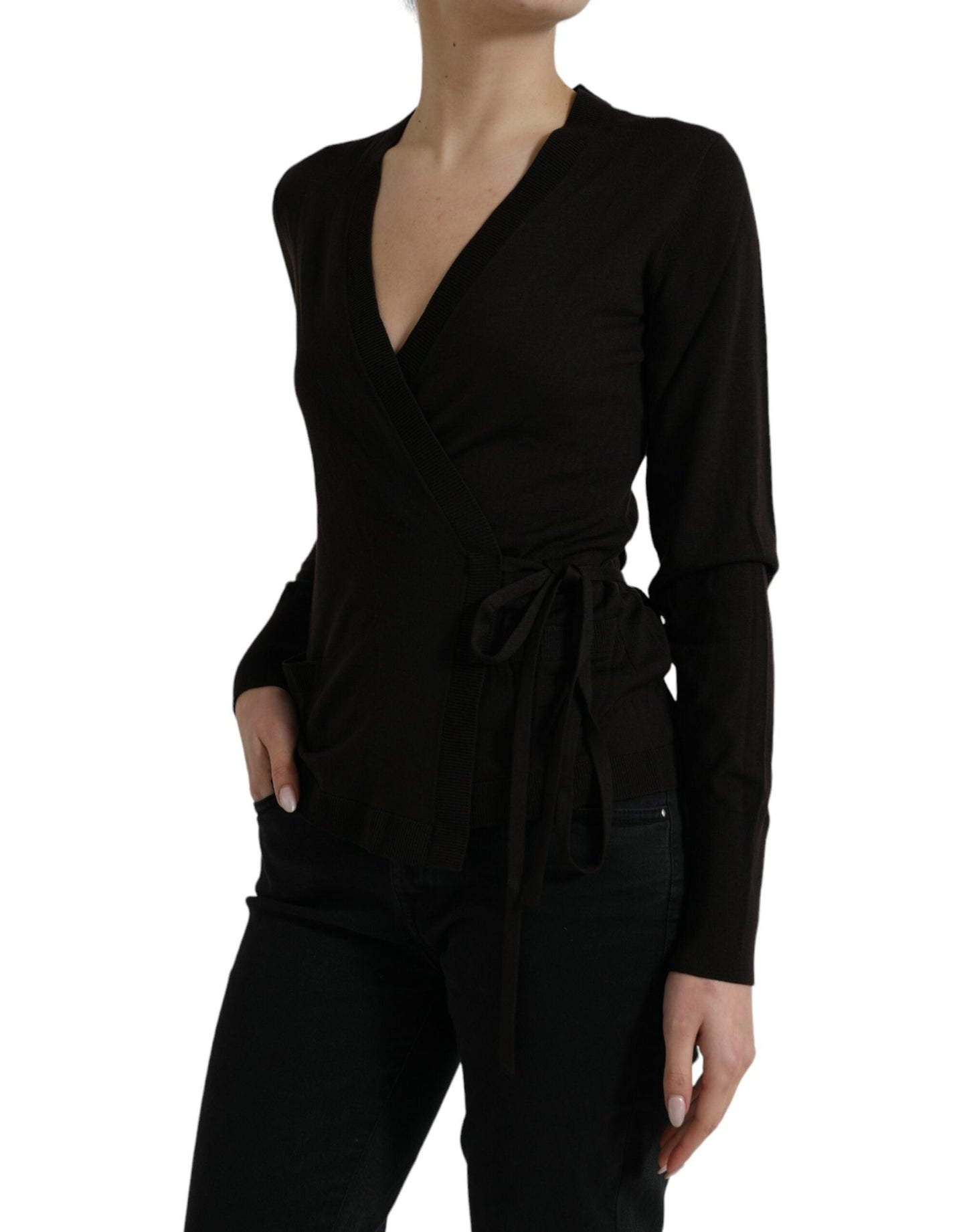 Dolce & Gabbana Black Wool V-neck Crossed Cardigan Women's Sweater