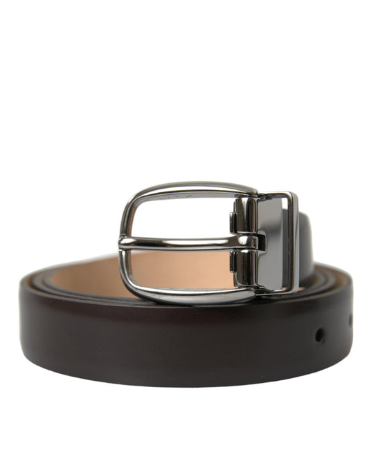 Dolce & Gabbana Dark Brown Leather Silver Metal Buckle Men's Belt