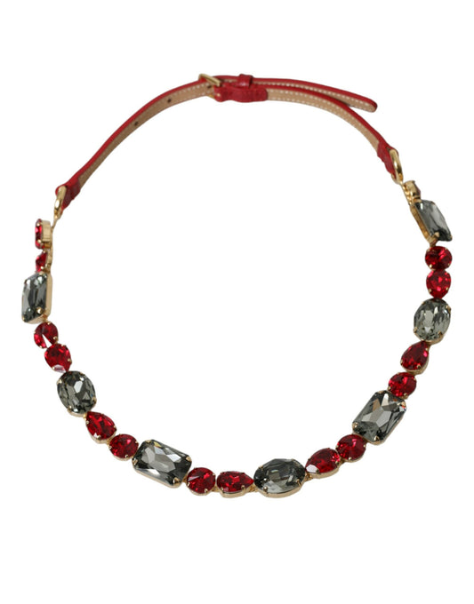 Dolce & Gabbana Red Leather Crystal Chain Waist Women's Belt