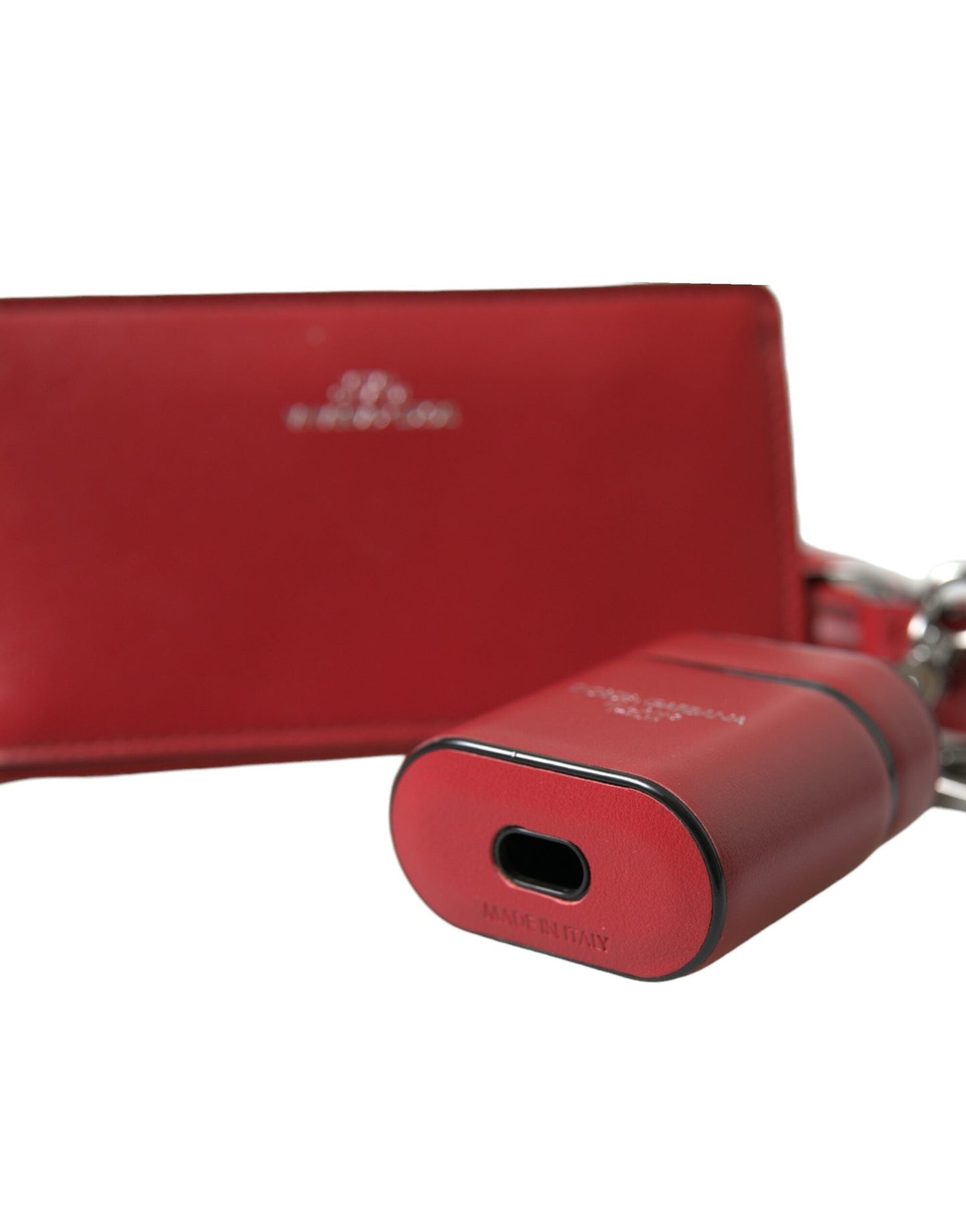 Dolce & Gabbana Red Leather Silver Metal Logo Strap Pouch Airpods Men's Case