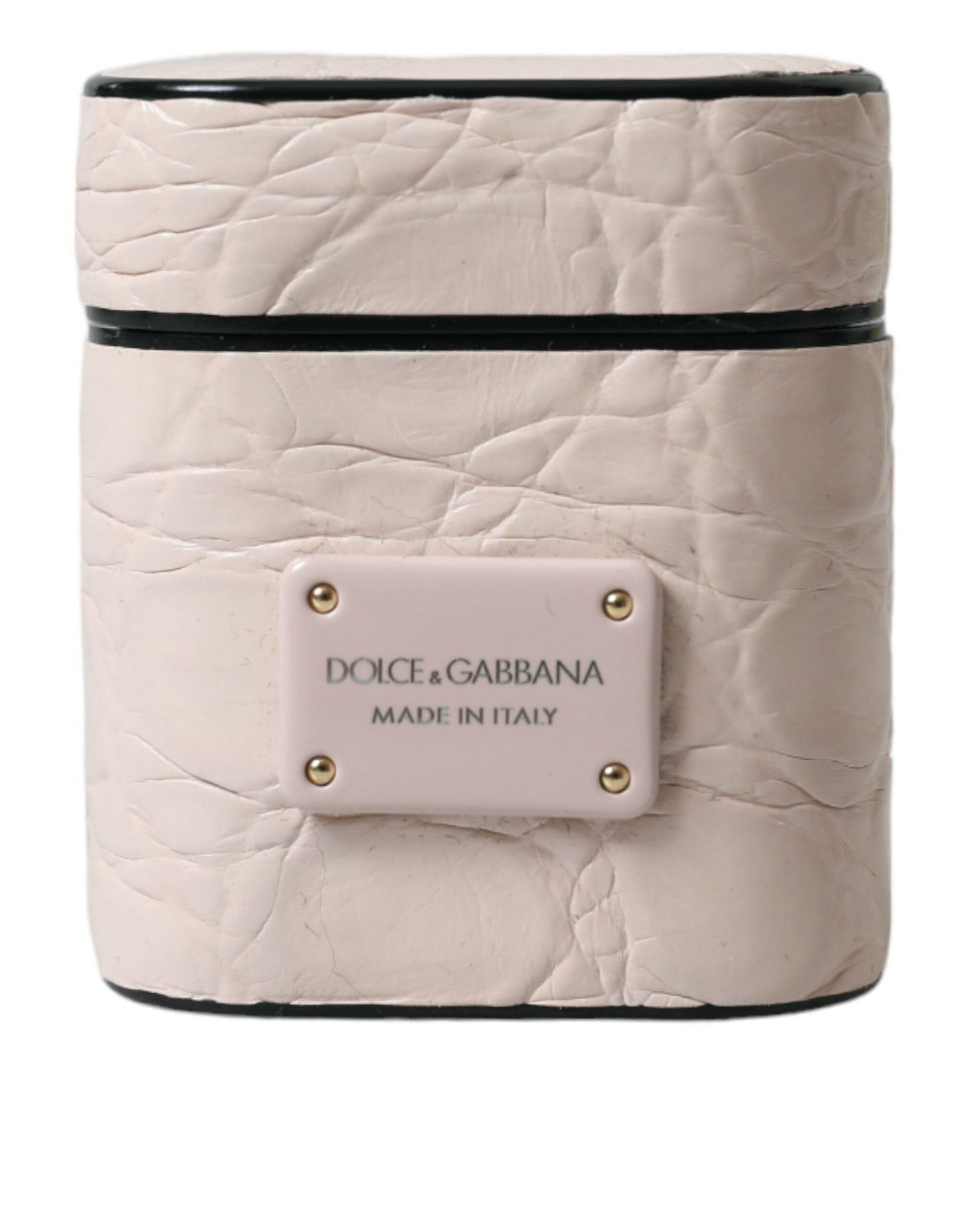 Dolce & Gabbana Light Pink Calf Leather Metal Logo Plaque Airpods Women's Case