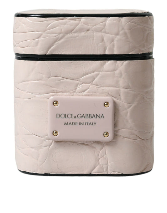 Dolce & Gabbana Light Pink Calf Leather Metal Logo Plaque Airpods Women's Case