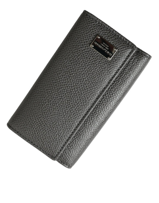 Dolce & Gabbana Gray Leather Silver Metal Logo Plaque Trifold Men's Keyring