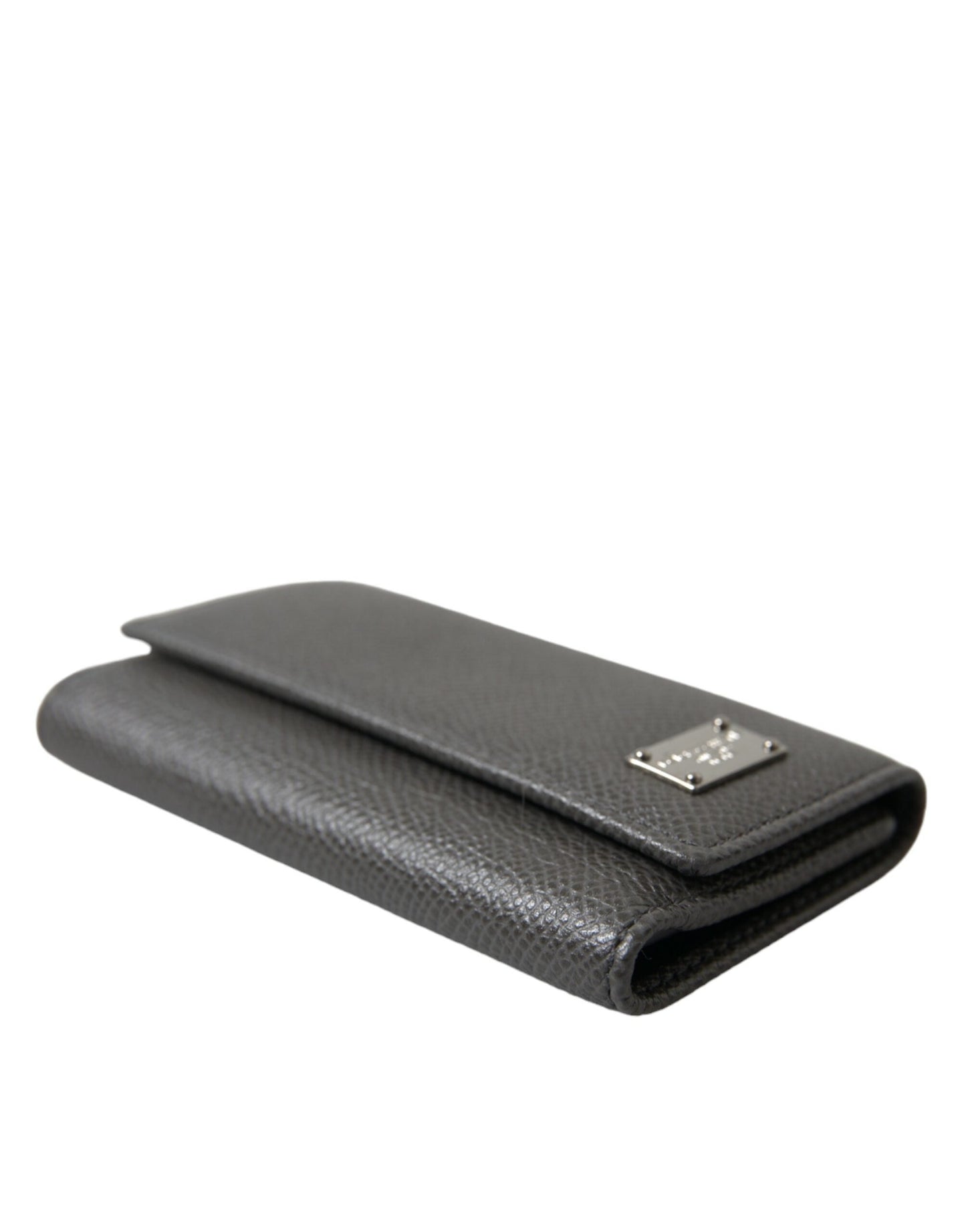 Dolce & Gabbana Gray Leather Silver Metal Logo Plaque Trifold Men's Keyring