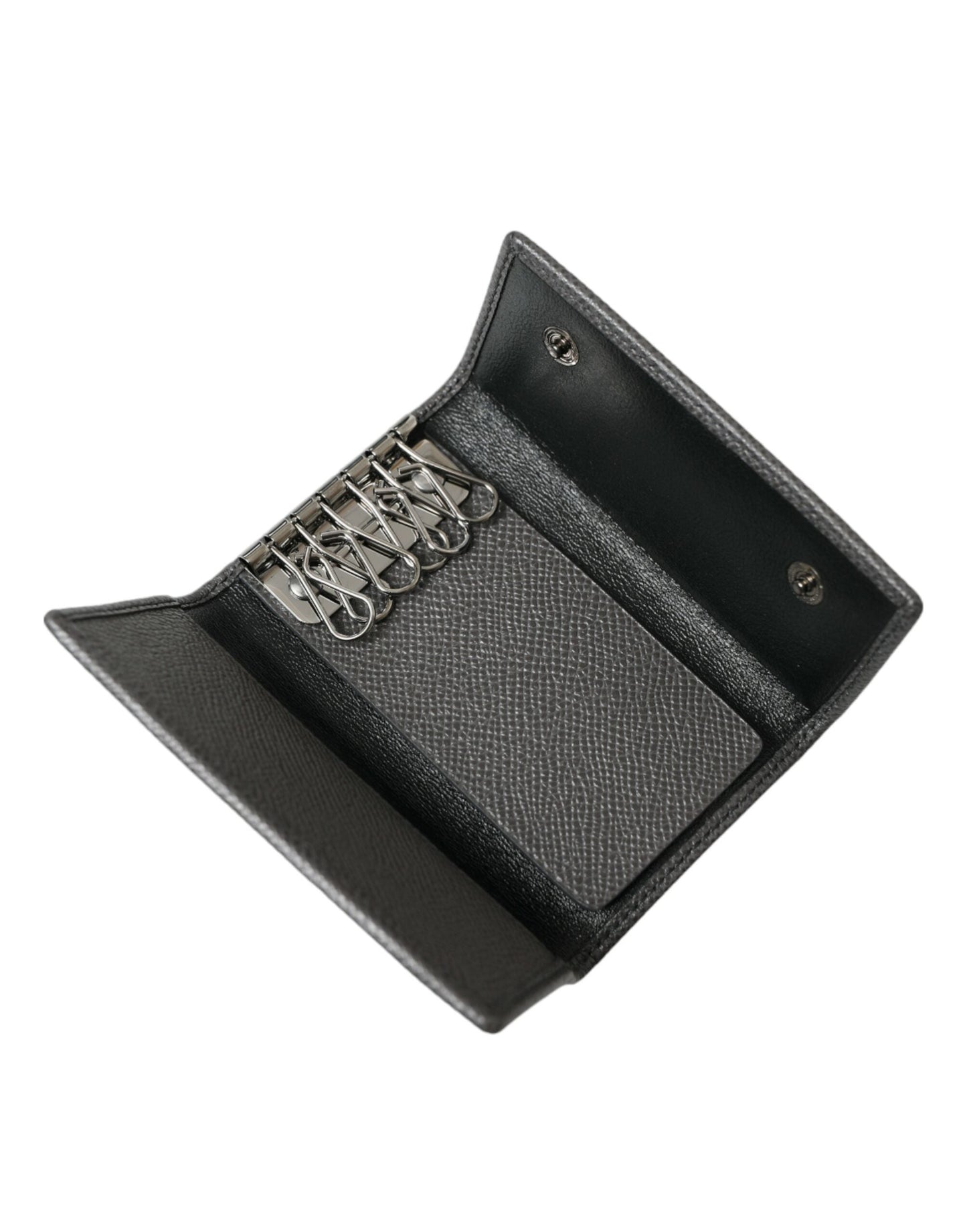 Dolce & Gabbana Gray Leather Silver Metal Logo Plaque Trifold Men's Keyring