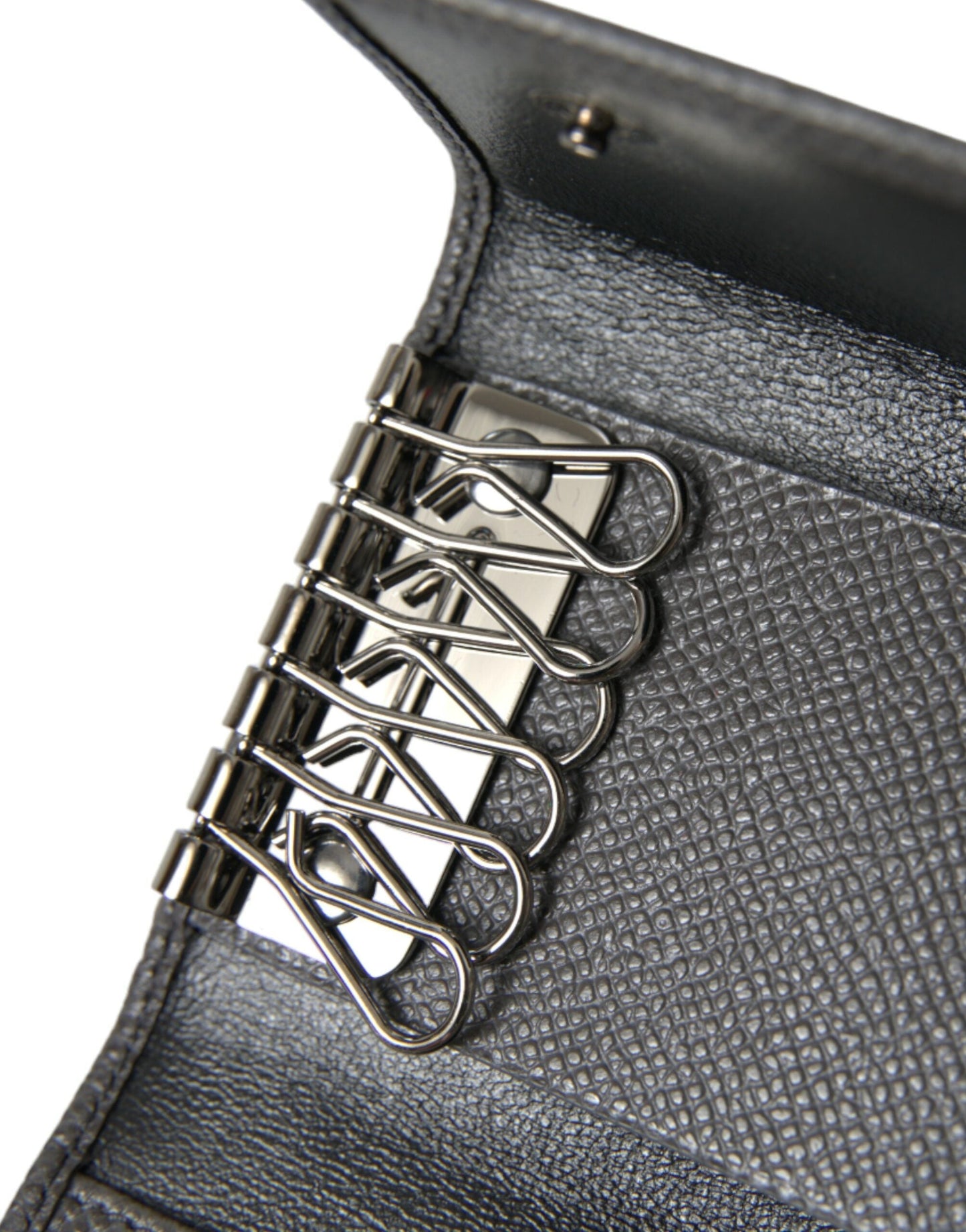 Dolce & Gabbana Gray Leather Silver Metal Logo Plaque Trifold Men's Keyring