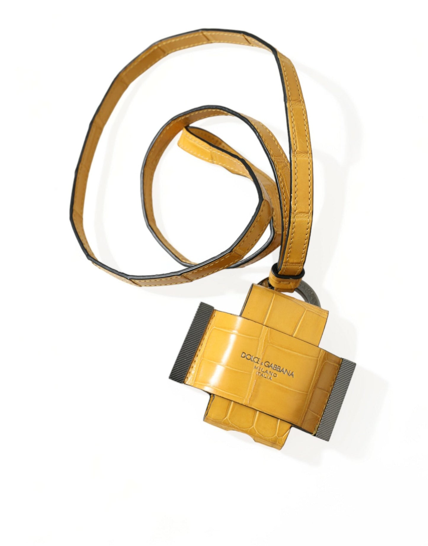 Dolce & Gabbana Yellow Crocodile Leather Logo Print Lanyard Women's Keychain