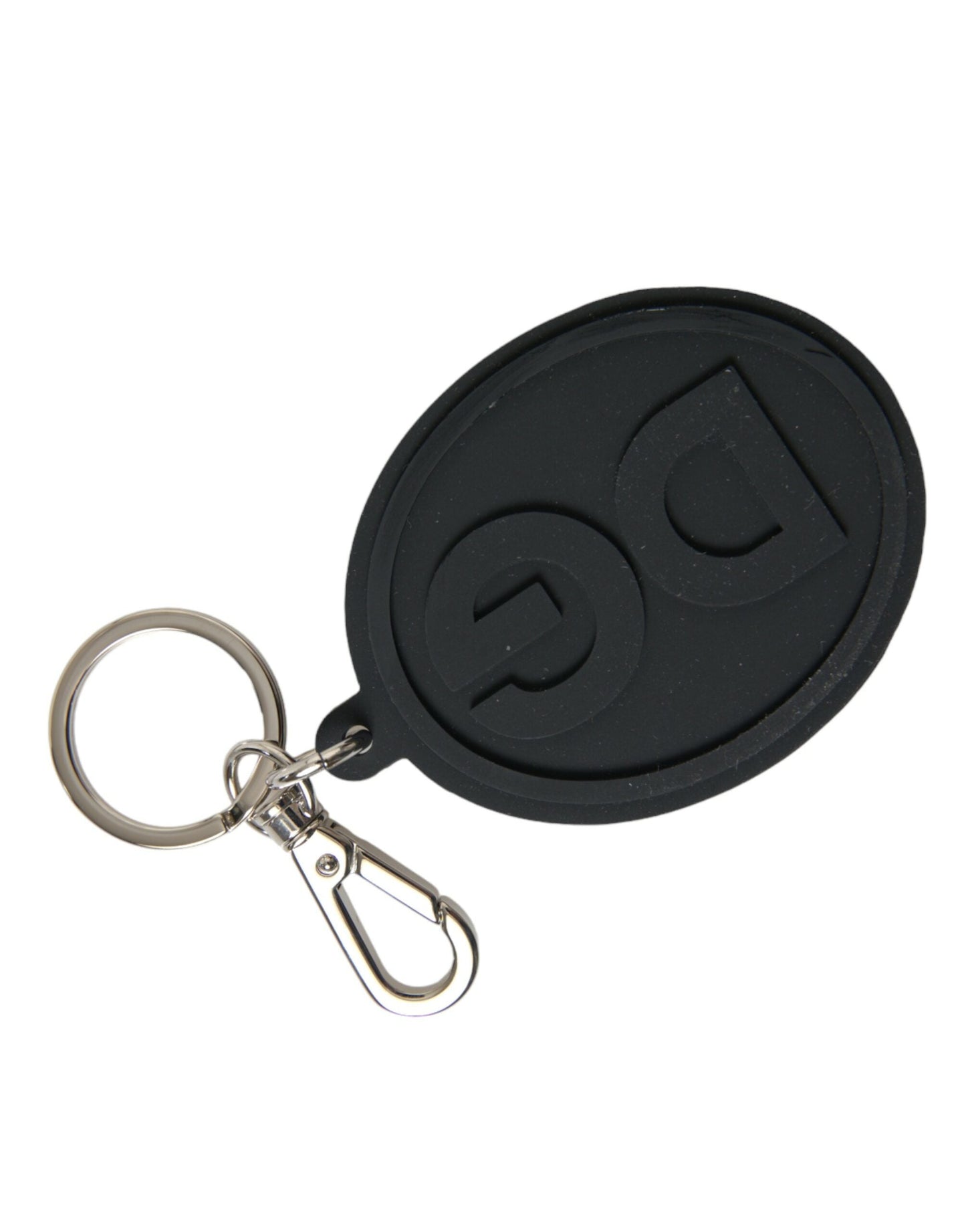 Dolce & Gabbana Black Rubber DG Logo Silver Brass Metal Keyring Women's Keychain