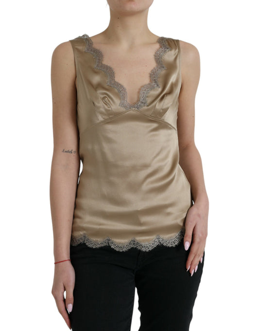 Dolce & Gabbana Brown Lace Trim V-neck Sleeveless Tank Women's Top (Pre-Owned)
