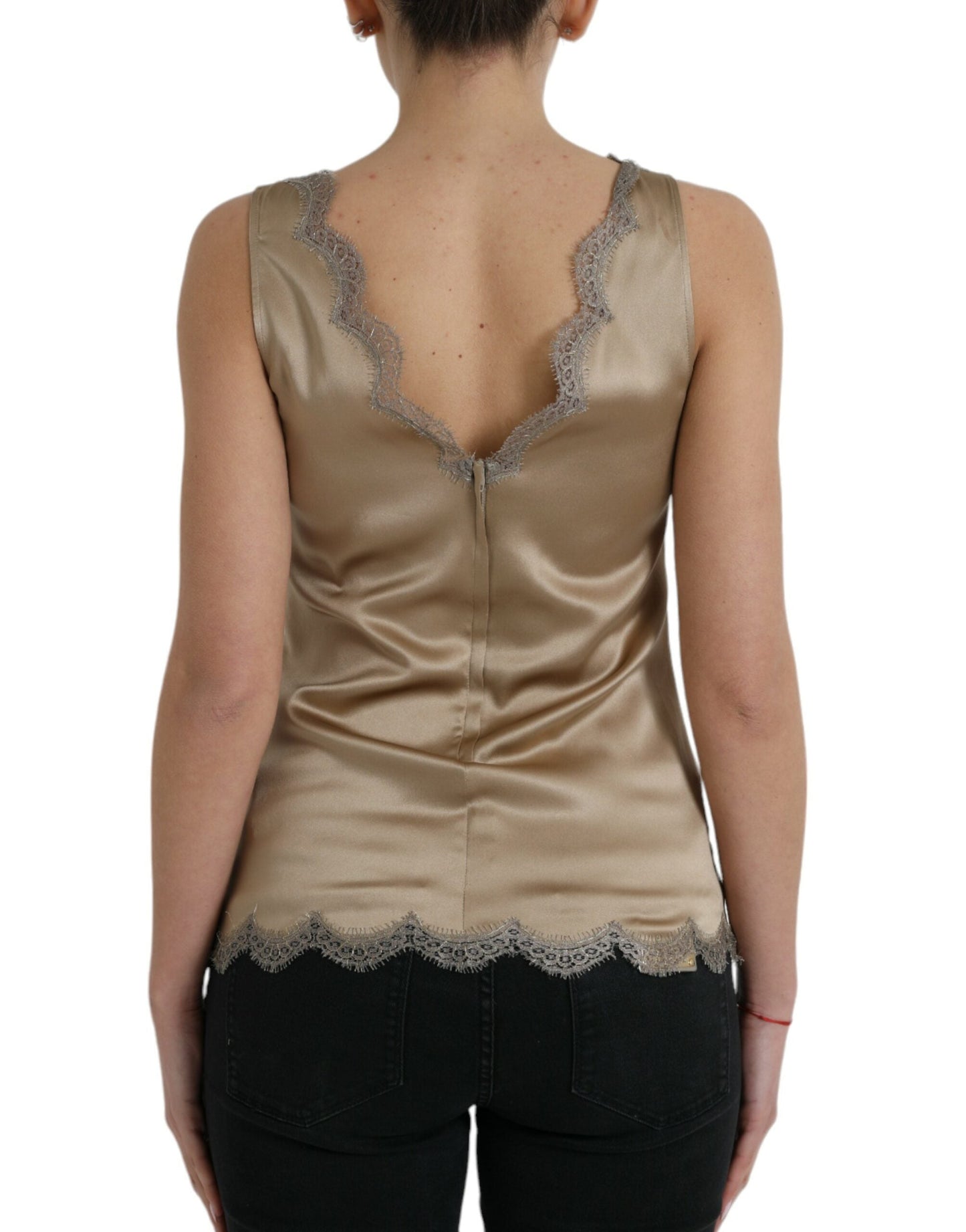 Dolce & Gabbana Brown Lace Trim V-neck Sleeveless Tank Women's Top (Pre-Owned)