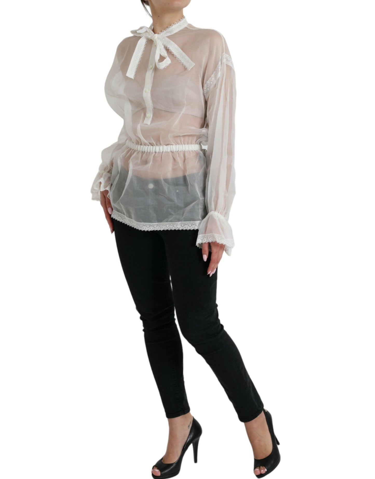 Dolce & Gabbana White Silk Long Sleeves Ascot Collar Women's Top