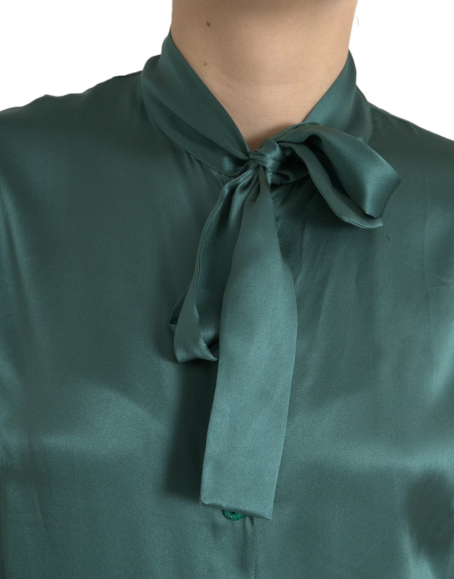 Dolce & Gabbana Dark Green Silk Ascot Collar Blouse Women's Top