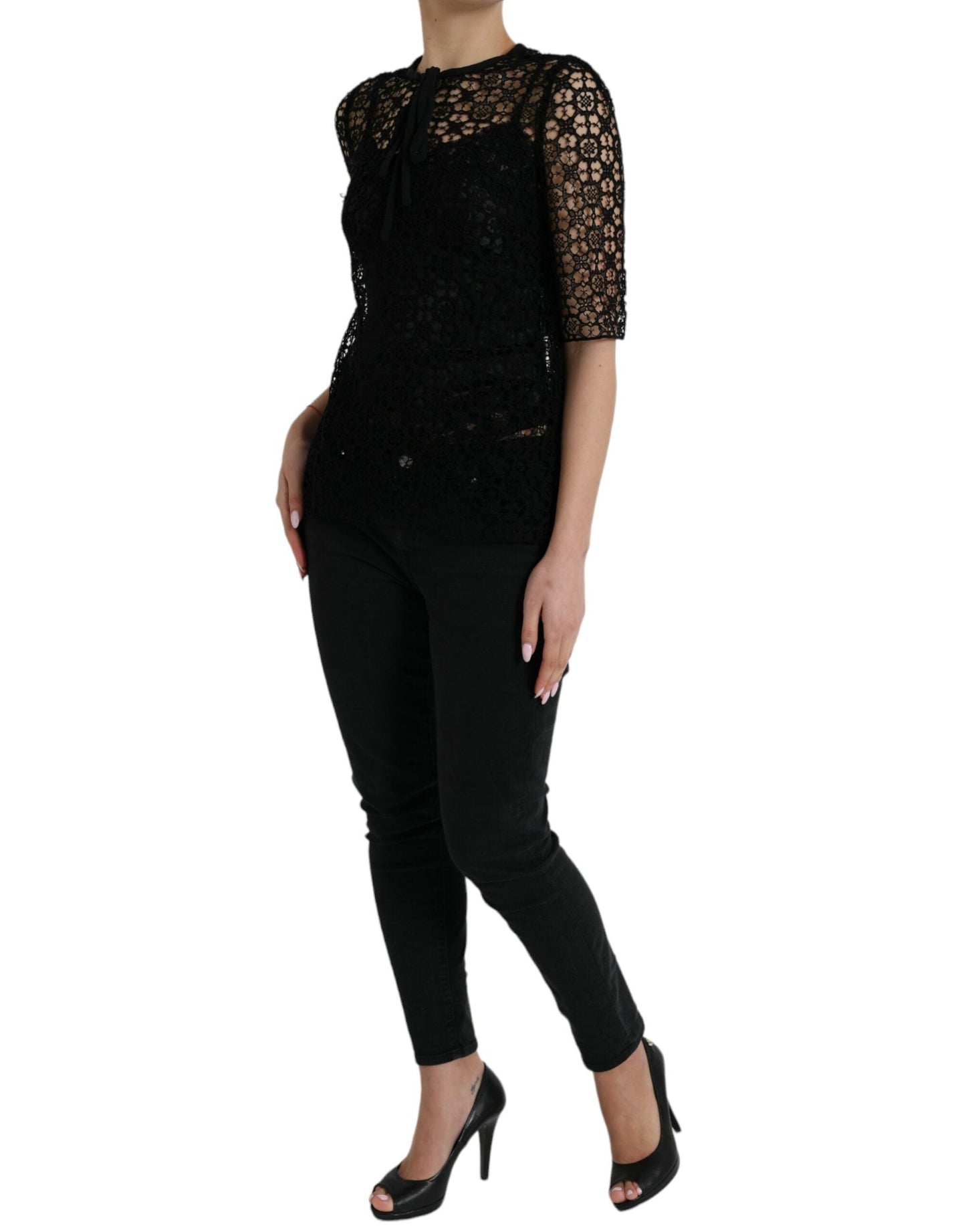 Dolce & Gabbana Black Floral Lace Short Sleeves Blouse Women's Top