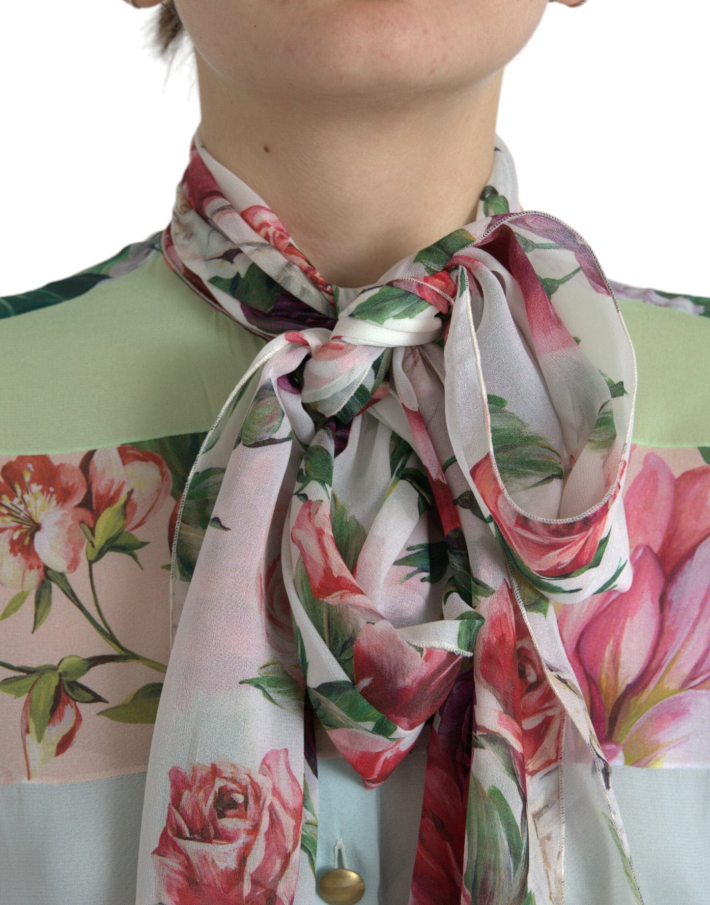 Dolce & Gabbana Multicolor Floral Patchwork Ascot Collar Women's Top
