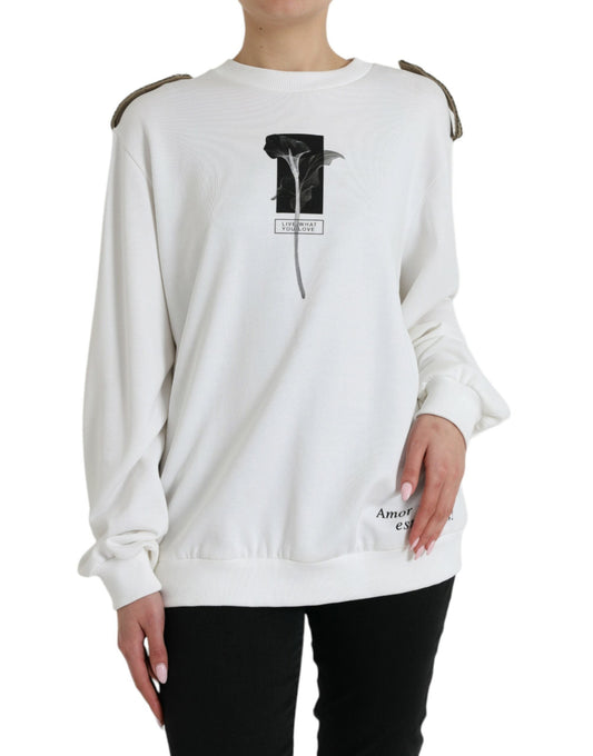 Dolce & Gabbana White Floral Cotton Crew Neck Pullover Women's Sweater